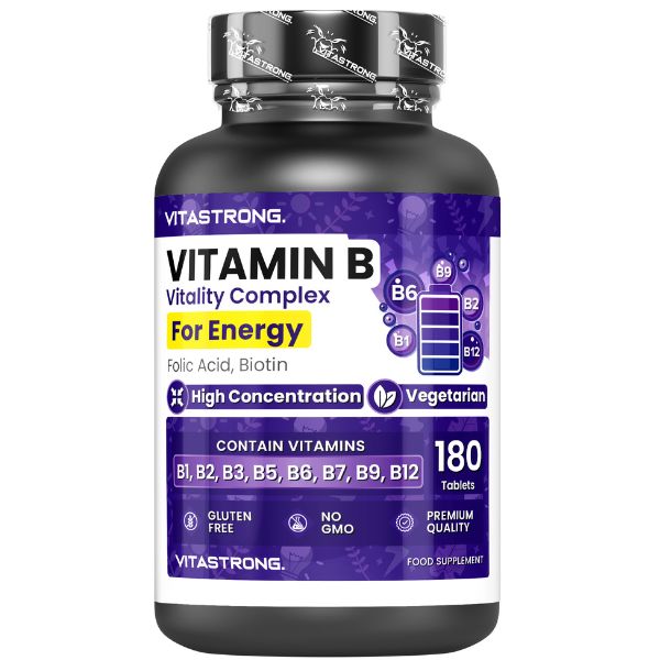 Vitastrong Vitamin B Complex fles. Bevat 180 tabletten. Met 'Vegetarisch' en 'Glutenvrij'.