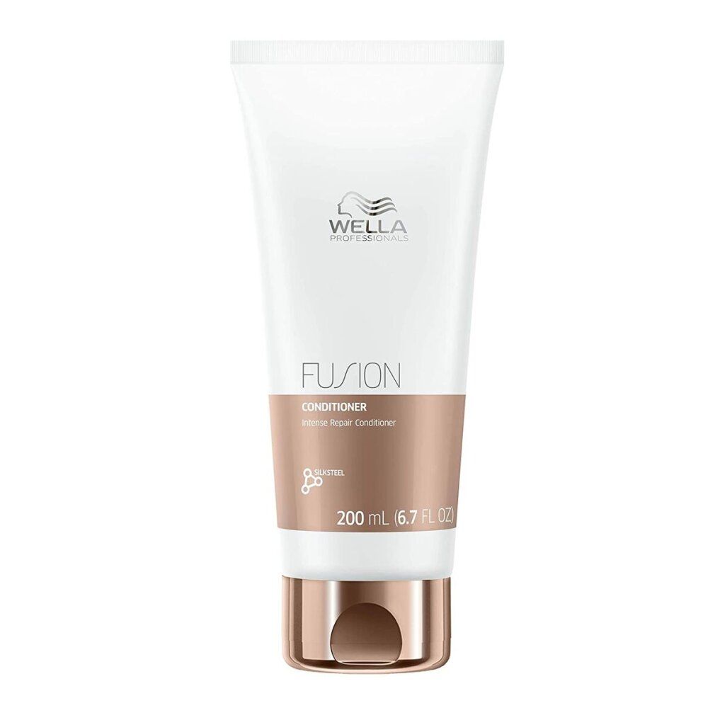 Witte tube met Wella-logo en "FUSION Conditioner". Bevat 200 ml. Onderkant koperkleurig.