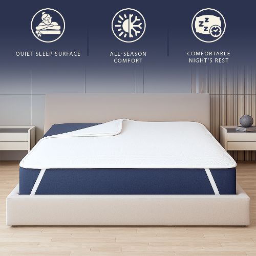 Witte matrasbeschermer op een matras, met iconen voor rustige slaap.