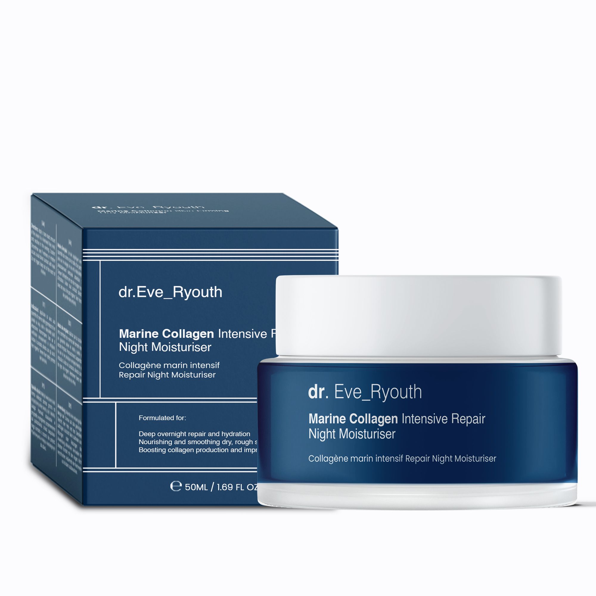 Blauwe crèmepot en doos. Opschrift: Marine Collagen Intensive Repair Night Moisturiser. Merk: dr. Eve_Ryouth.
