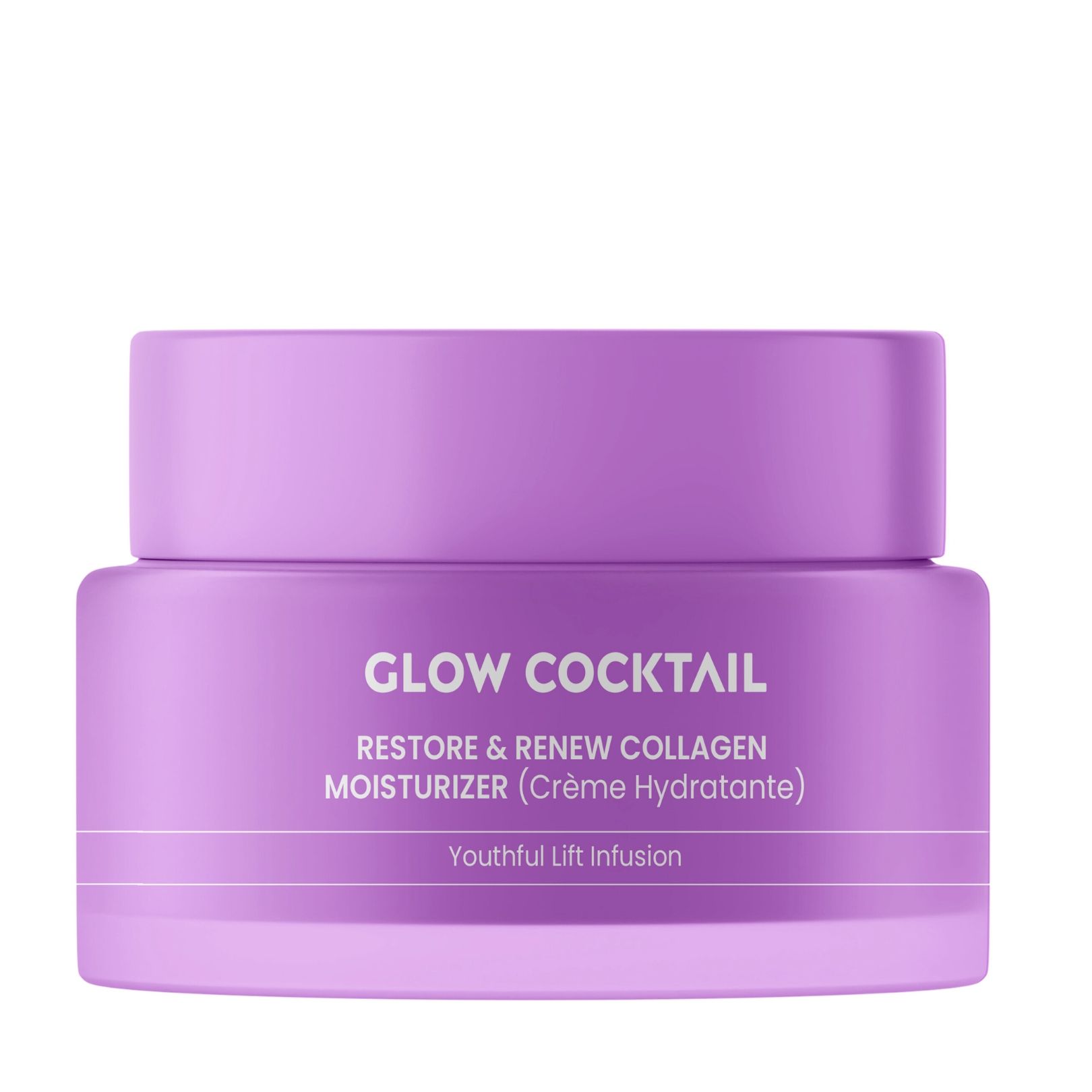 Paarse pot met deksel. Opschrift: Glow Cocktail, Restore & Renew Collagen Moisturizer (Crème Hydratante).