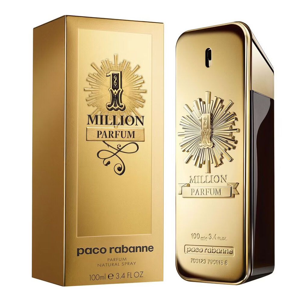 Flacon et boîte dorés. Inscription "1 MILLION PARFUM". Marque : Paco Rabanne. Flacon avec vaporisateur.
