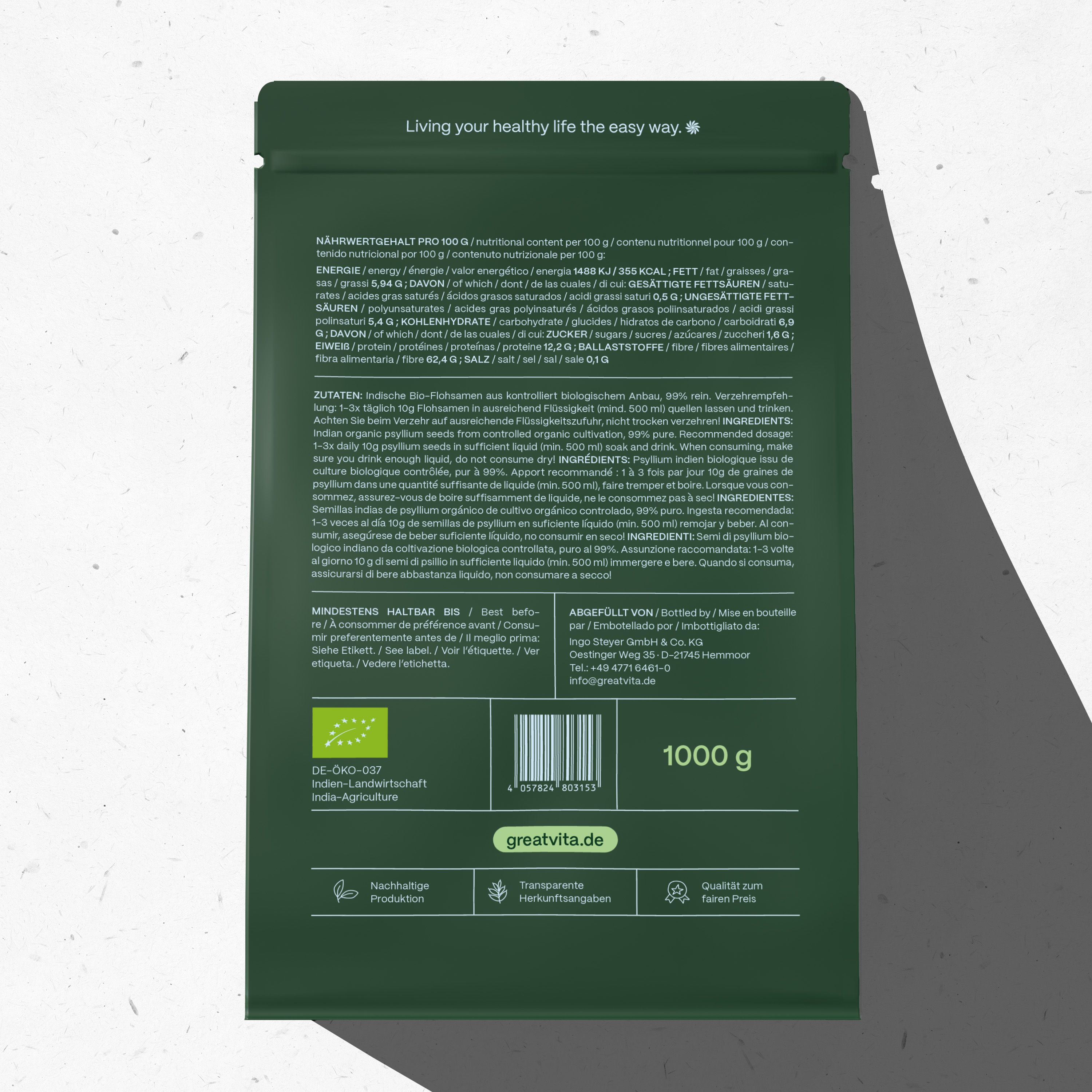 Groene verpakking met tekst. Bevat 1000 g. Opschrift: GreatVita, Bio Flohsamen. Bio-keurmerk. Tekst in het Duits.