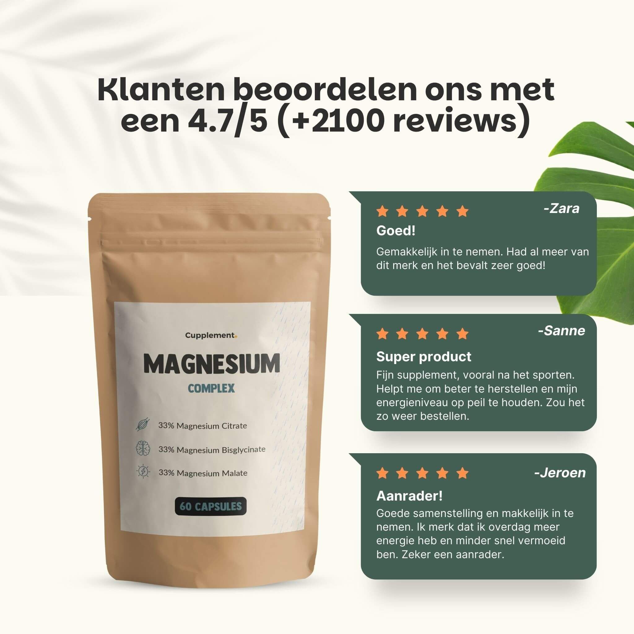 Hand met capsule. Tekst: Magnesiumkomplex. 180 mg per capsule. Citraat, Bisglycinaat en Malaat. Getest in EU.