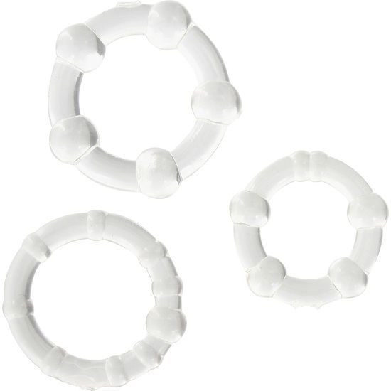 Trois anneaux de pénis transparents de différentes tailles et designs.