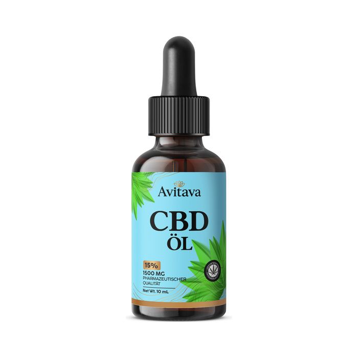 Bouteille d'huile CBD Avitava à spectre complet avec pipette. Étiquette bleu clair avec feuilles vertes et informations produit.