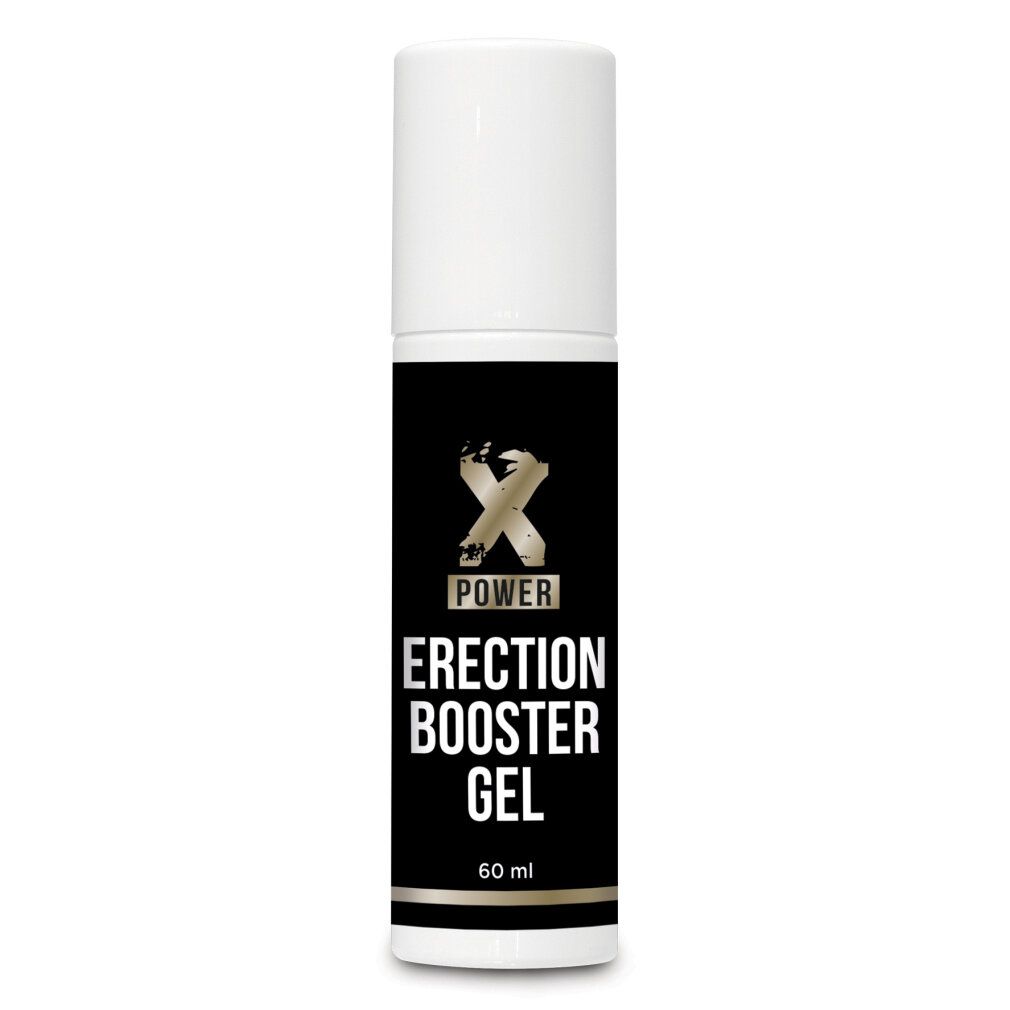 Bouteille de gel Xpower Erection Booster, 60 ml. Étiquette noire avec logo et texte dorés.
