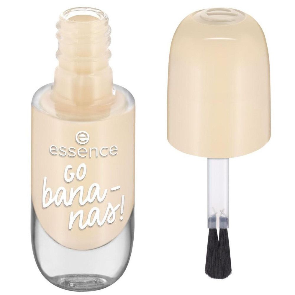 Flacon de vernis à ongles ouvert avec pinceau. Couleur beige clair. Inscription: Essence, go bananas!