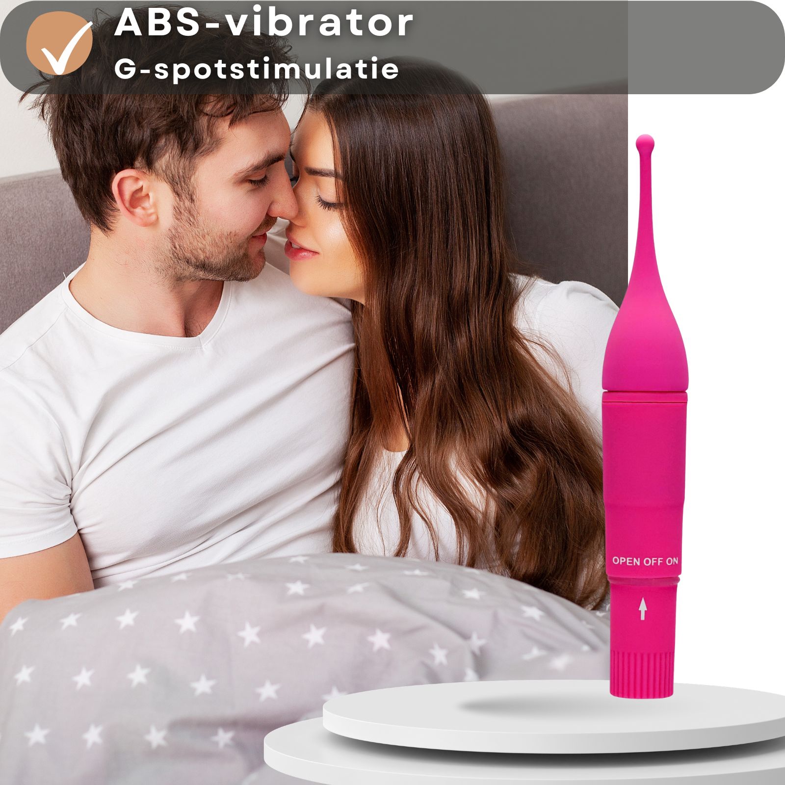 Roze vibrator naast een paar. Tekst: 1 sterke vibratiestand, vereist AA-batterij.