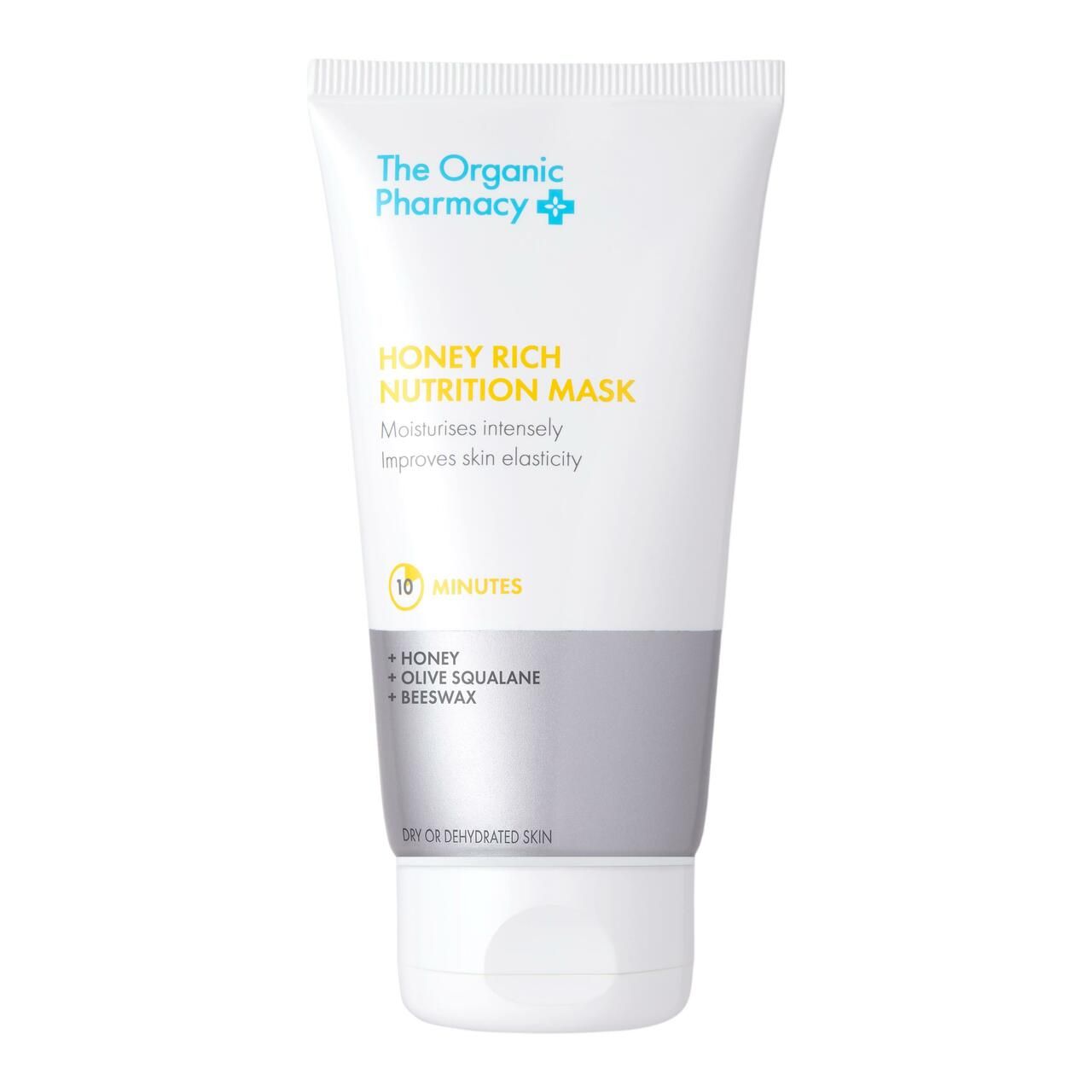 Tube blanc "The Organic Pharmacy Honey Rich Nutrition Mask". Contient du miel, du squalane d'olive et de la cire d'abeille.