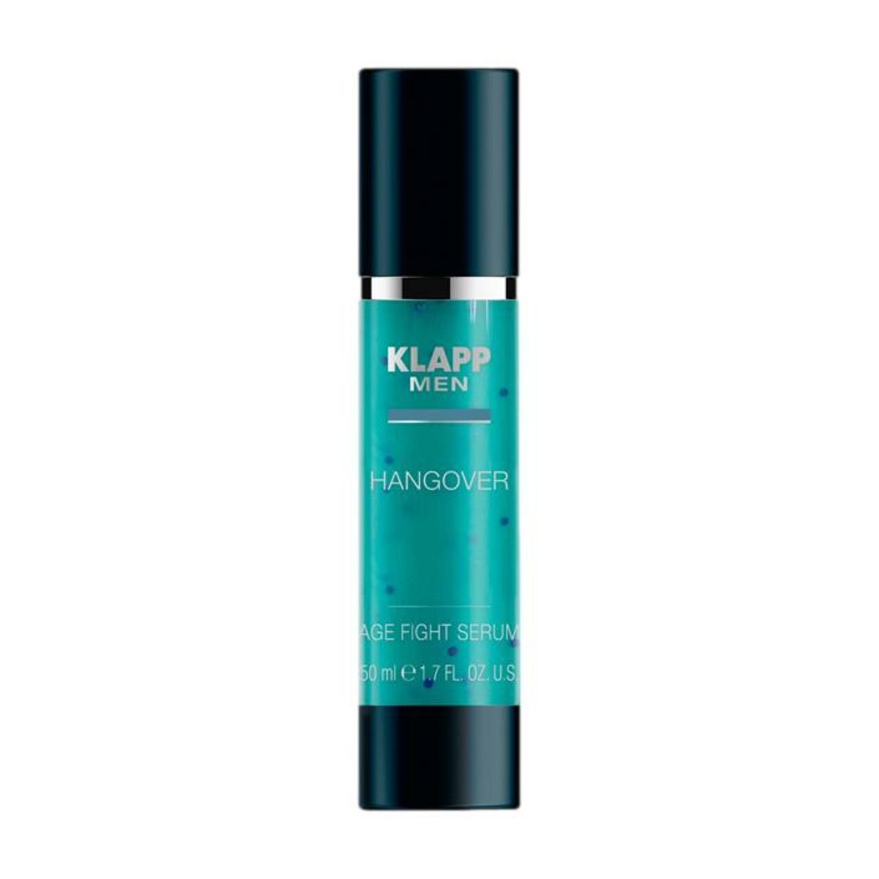 Serumfles met zwarte dop. Opschrift: KLAPP Men, Hangover Age Fight Serum, 50 ml.