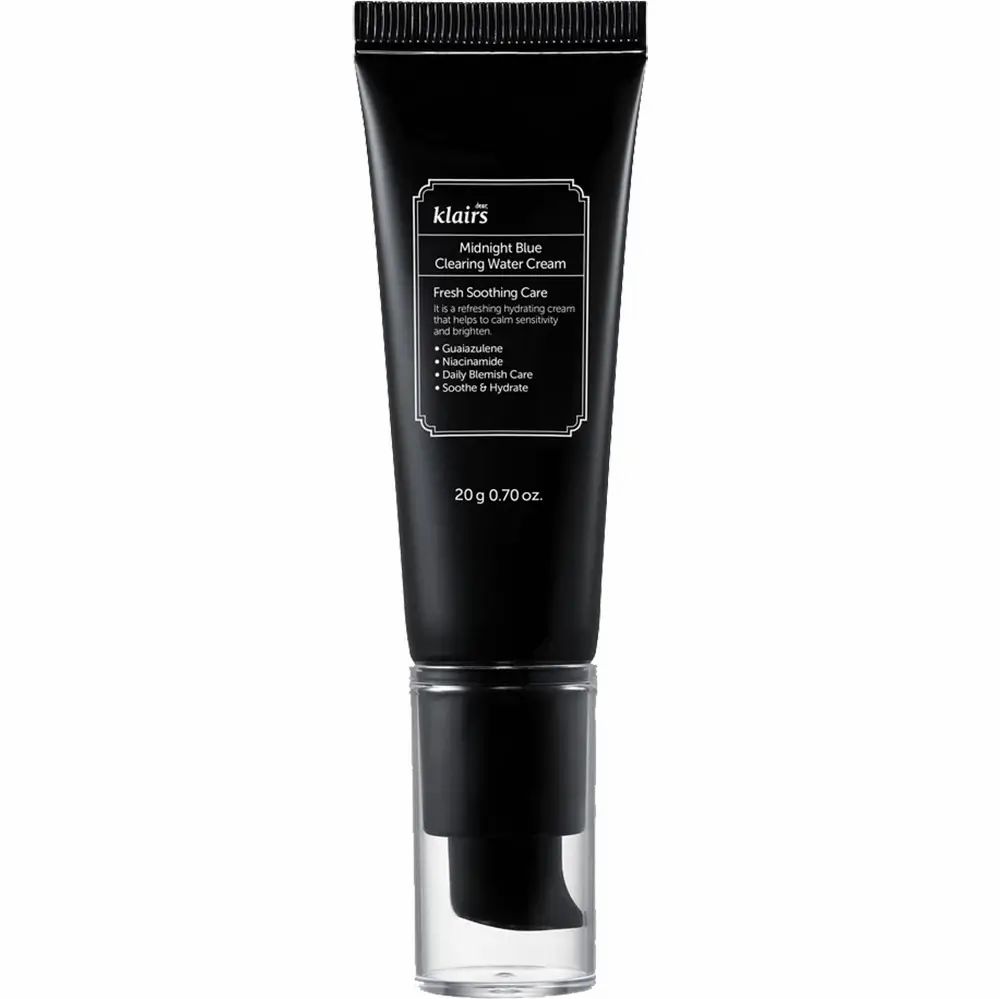 Tube noire avec texte blanc. Nom du produit: Midnight Blue Clearing Water Cream. 20g/0.70 oz. Avec bouchon noir.
