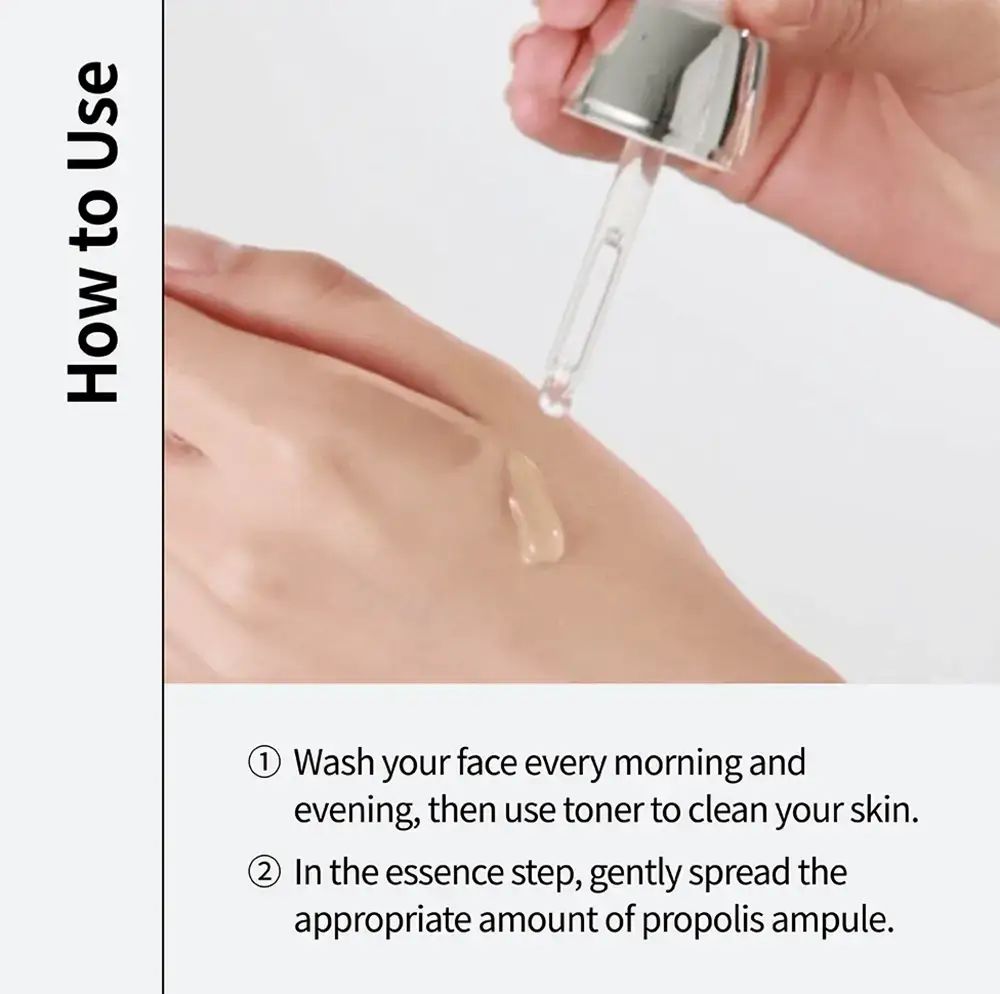 Hand met pipet die een geelachtige vloeistof op de huid aanbrengt. Tekst: gebruiksstappen.