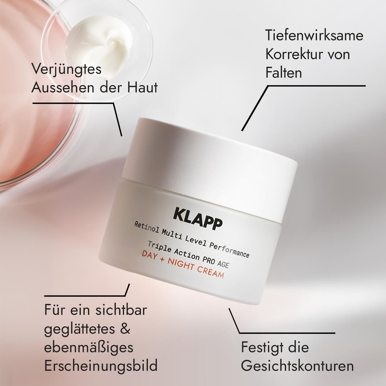 Crèmepot met witte deksel. Opschrift: Klapp, Retinol Multi Level Performance, Triple Action PRO AGE, DAY + NIGHT CREAM. Productbeschrijving.