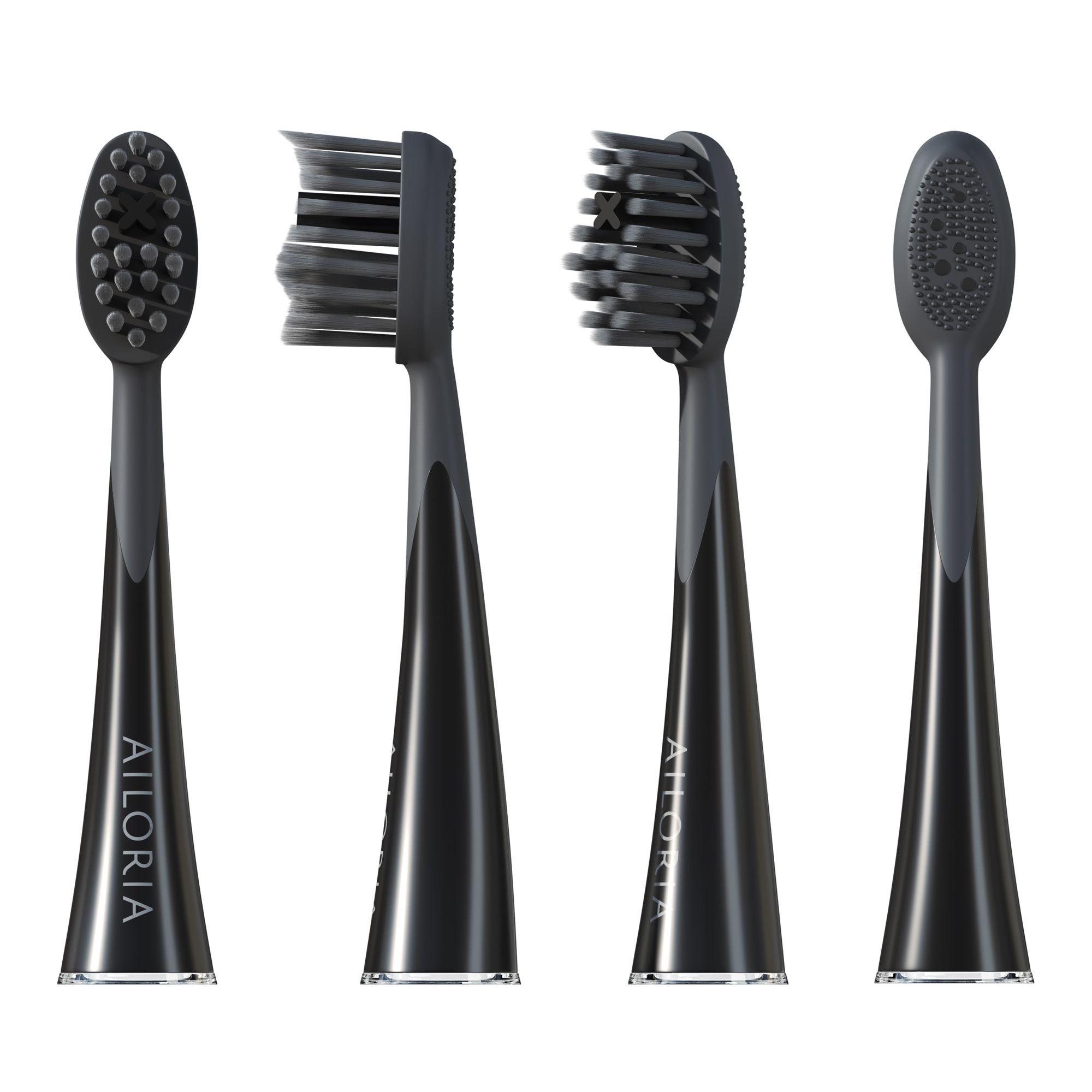Quatre têtes de brosse noires, vues différentes. Logo AILORIA visible.