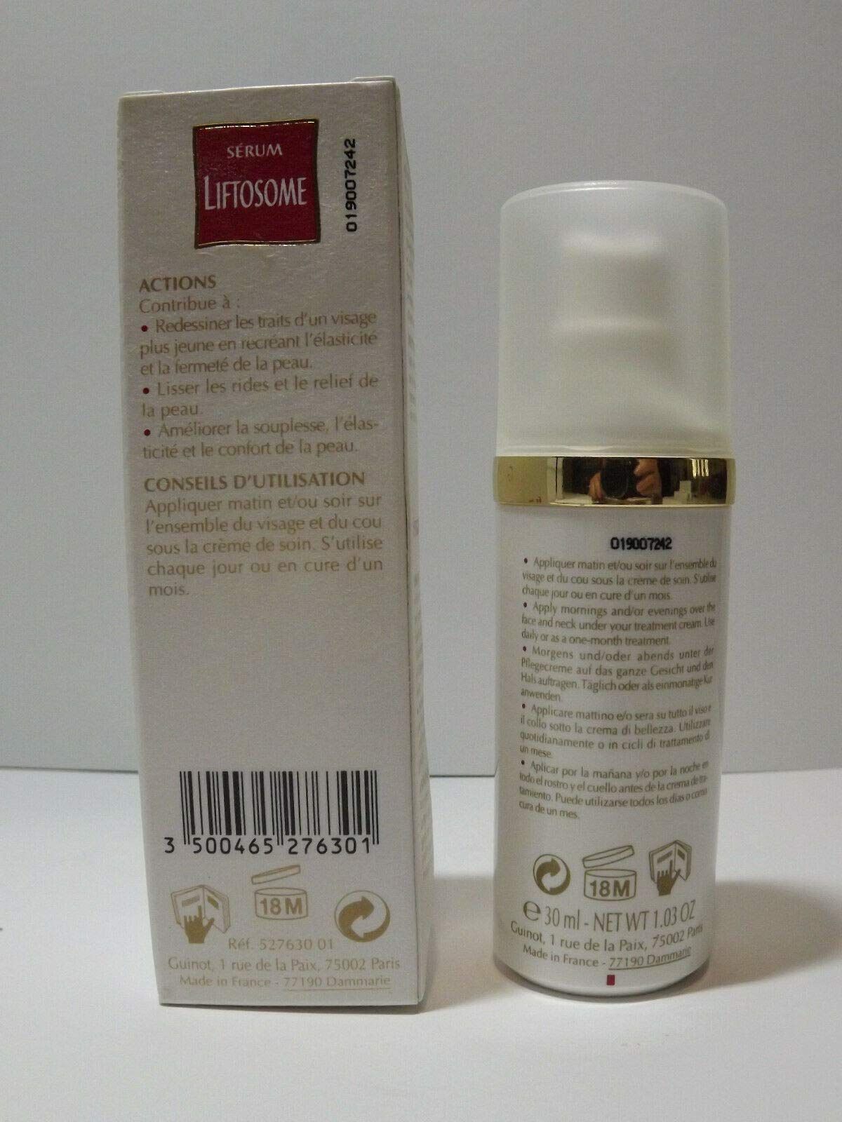 Dos de la boîte du Sérum Liftosome Guinot avec instructions d'utilisation.