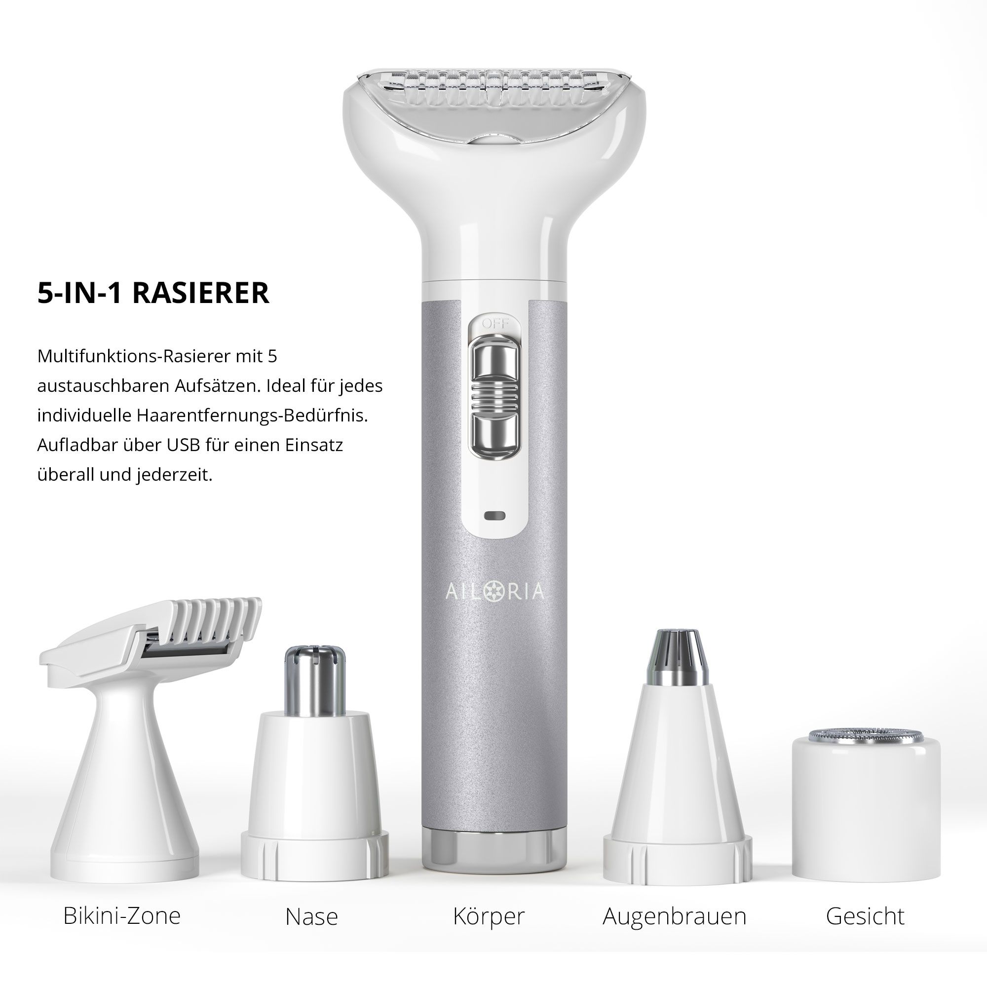 Scheerapparaatset met 5 opzetstukken. Tekst: 5-IN-1 SCHEERAPPARAAT. Opzetstukken voor bikinilijn, neus, lichaam, wenkbrauwen en gezicht. Ideaal voor individuele behoeften.