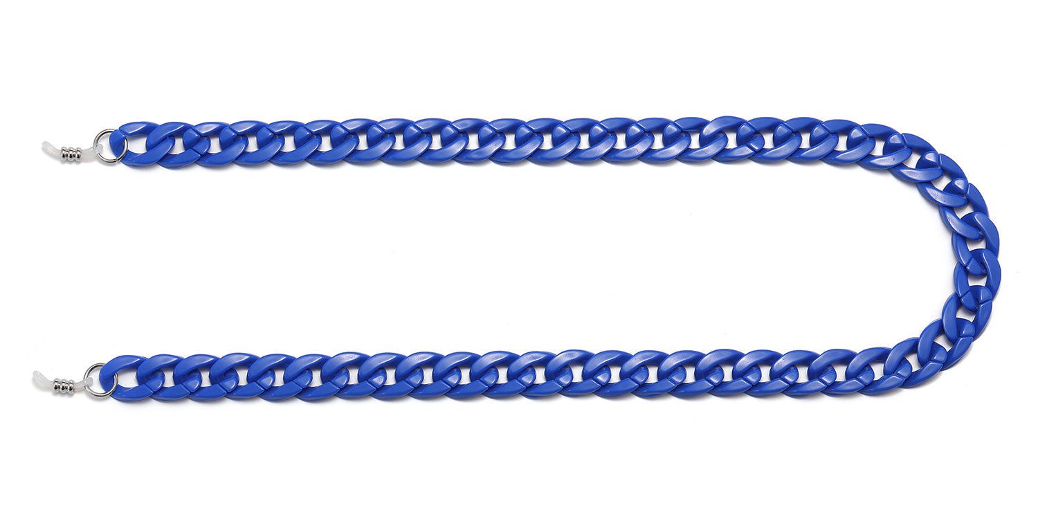 Chaîne de lunettes bleue en forme de chaîne, avec extrémités argentées. Sur fond blanc.
