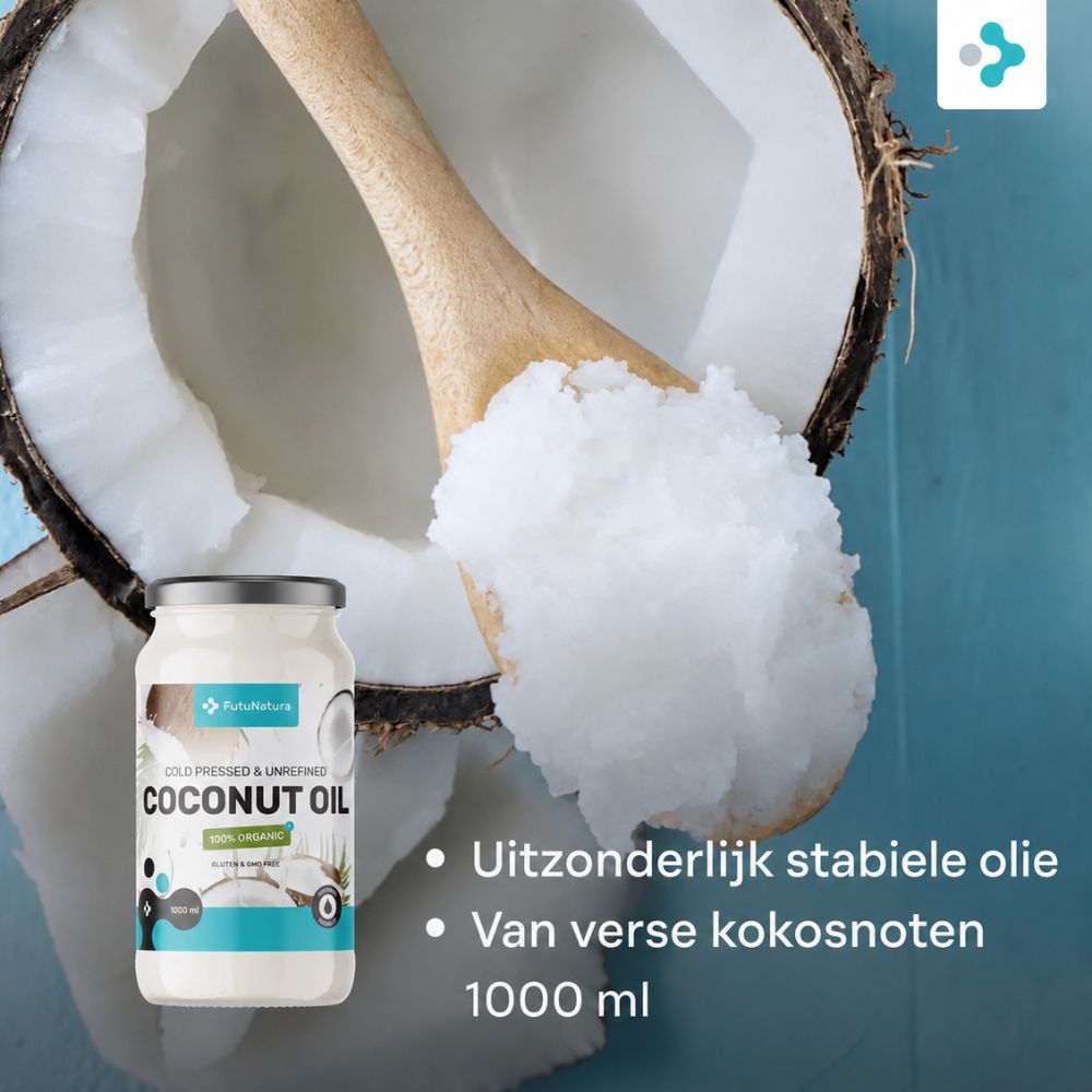 Fles BIO kokosolie, lepel olie, halve kokosnoot. "Uitzonderlijk stabiele olie".