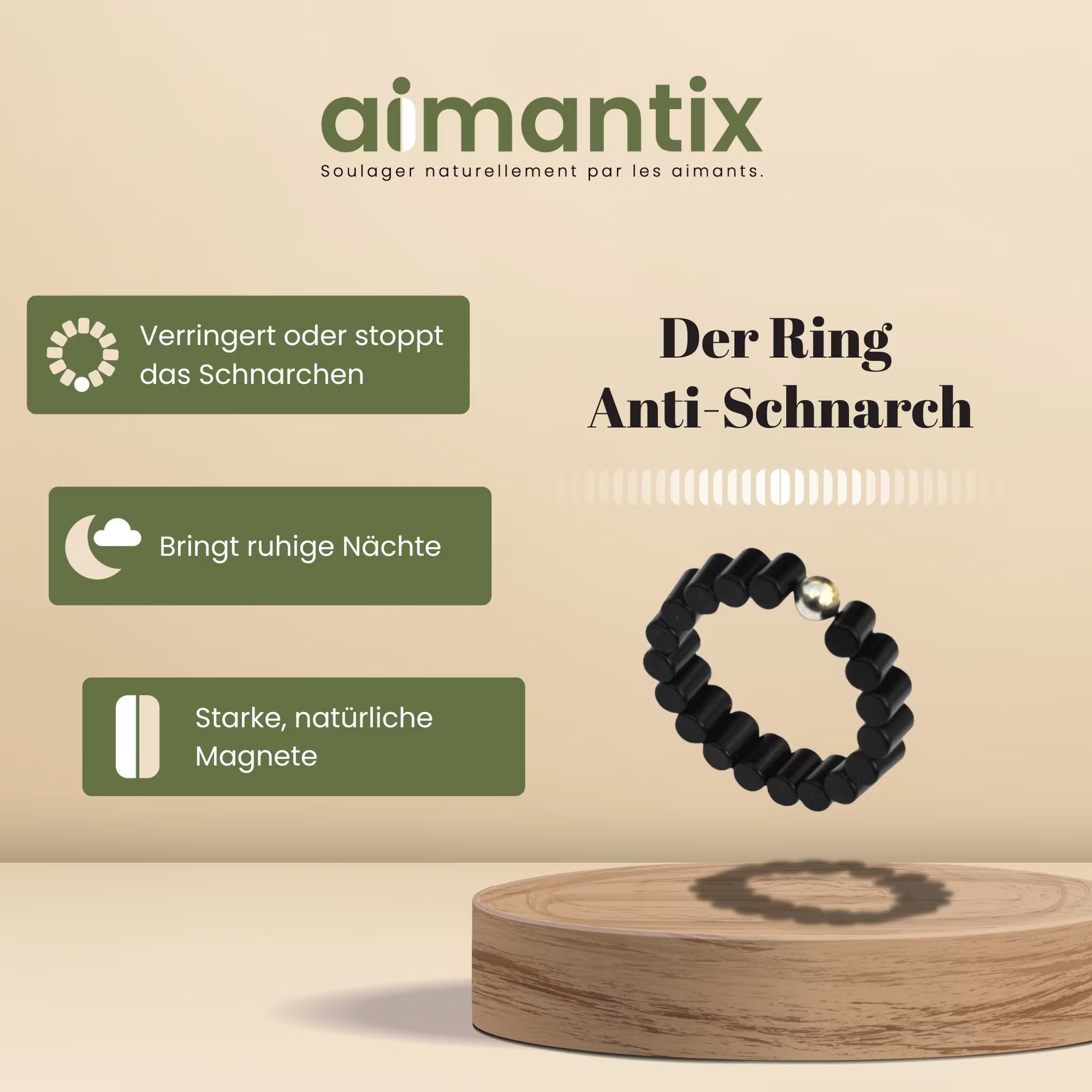 Image produit: bague avec bille argentée, texte: AIMANTIX, Anti-Schnarch-Ring.