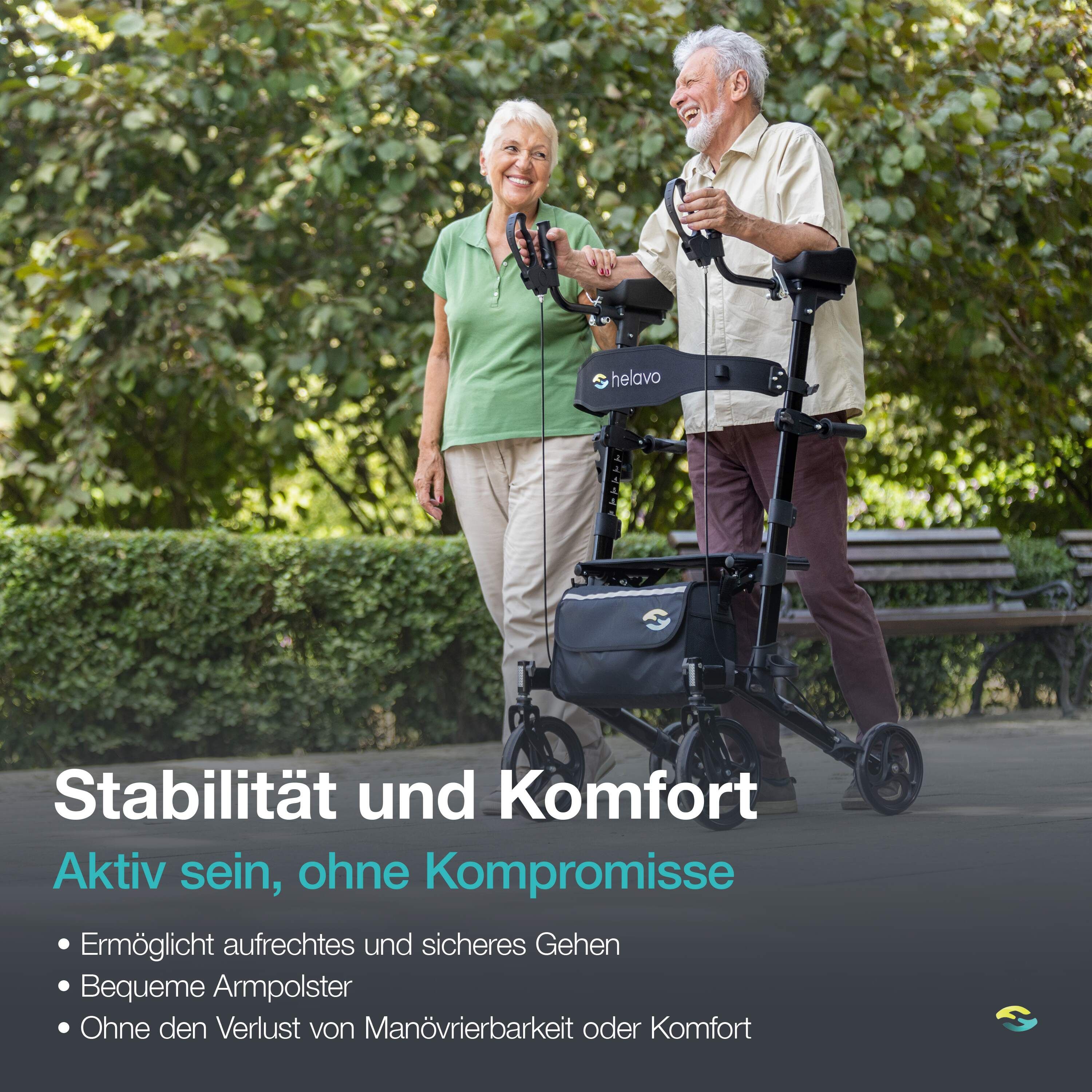 Een ouder echtpaar gebruikt een zwarte rollator buitenshuis.