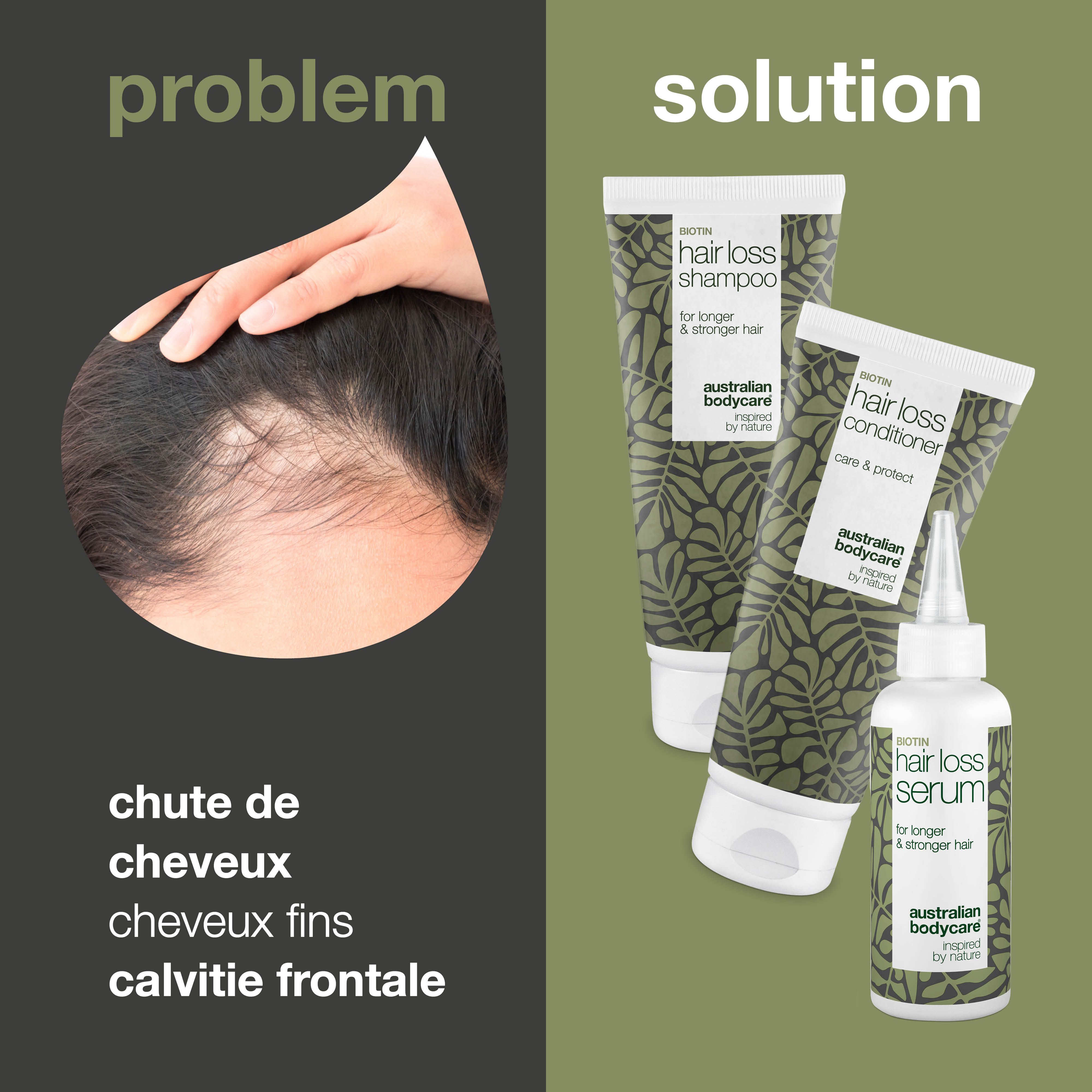 Vue des cheveux avec du texte. Trois produits : shampooing, revitalisant et sérum. Logo d'Australian Bodycare.