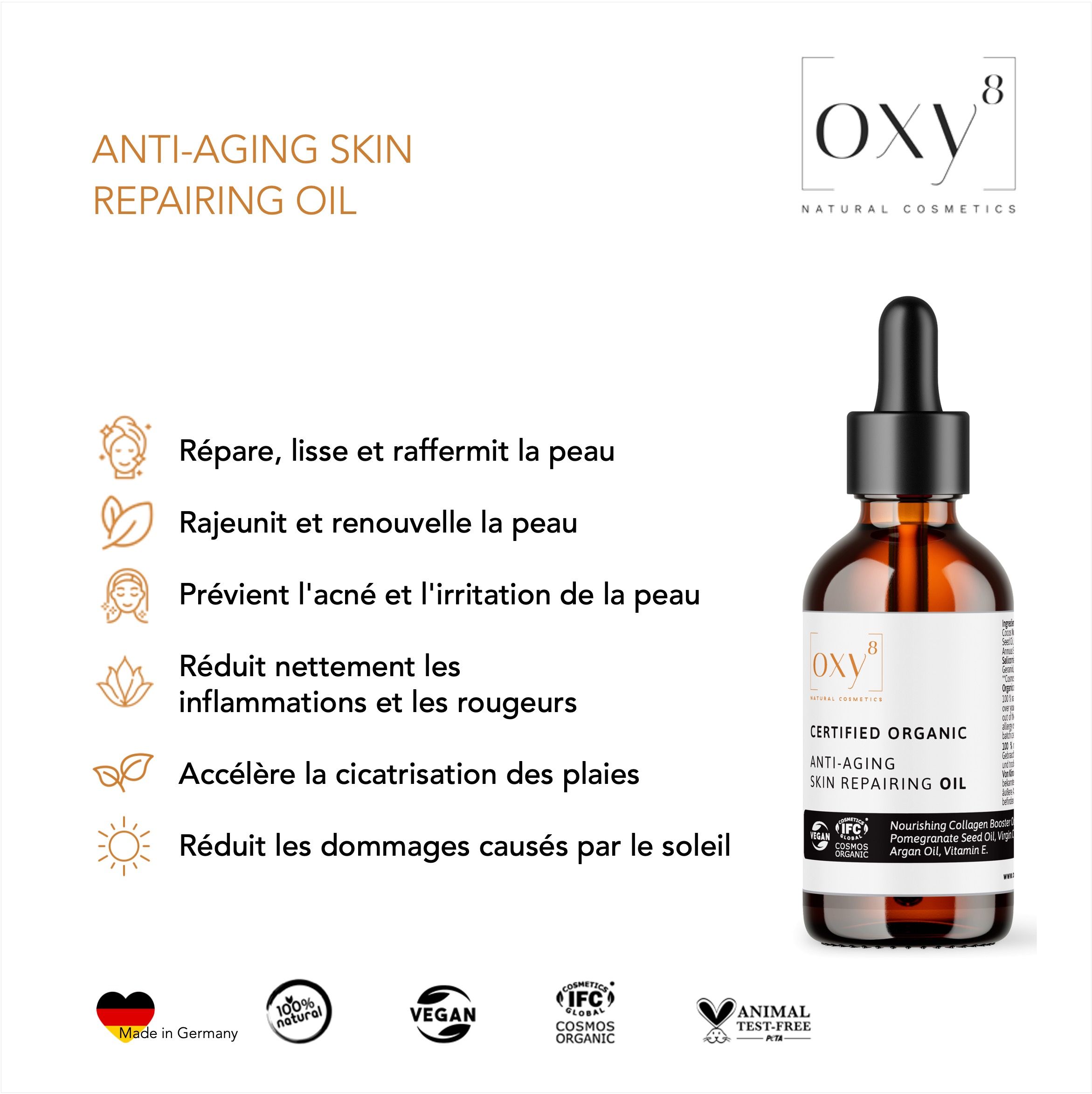 oxy8 Natural Cosmetics ANTI-AGING SKIN REPAIRING OIL - Huile pour la peau. Répare & lisse la peau.