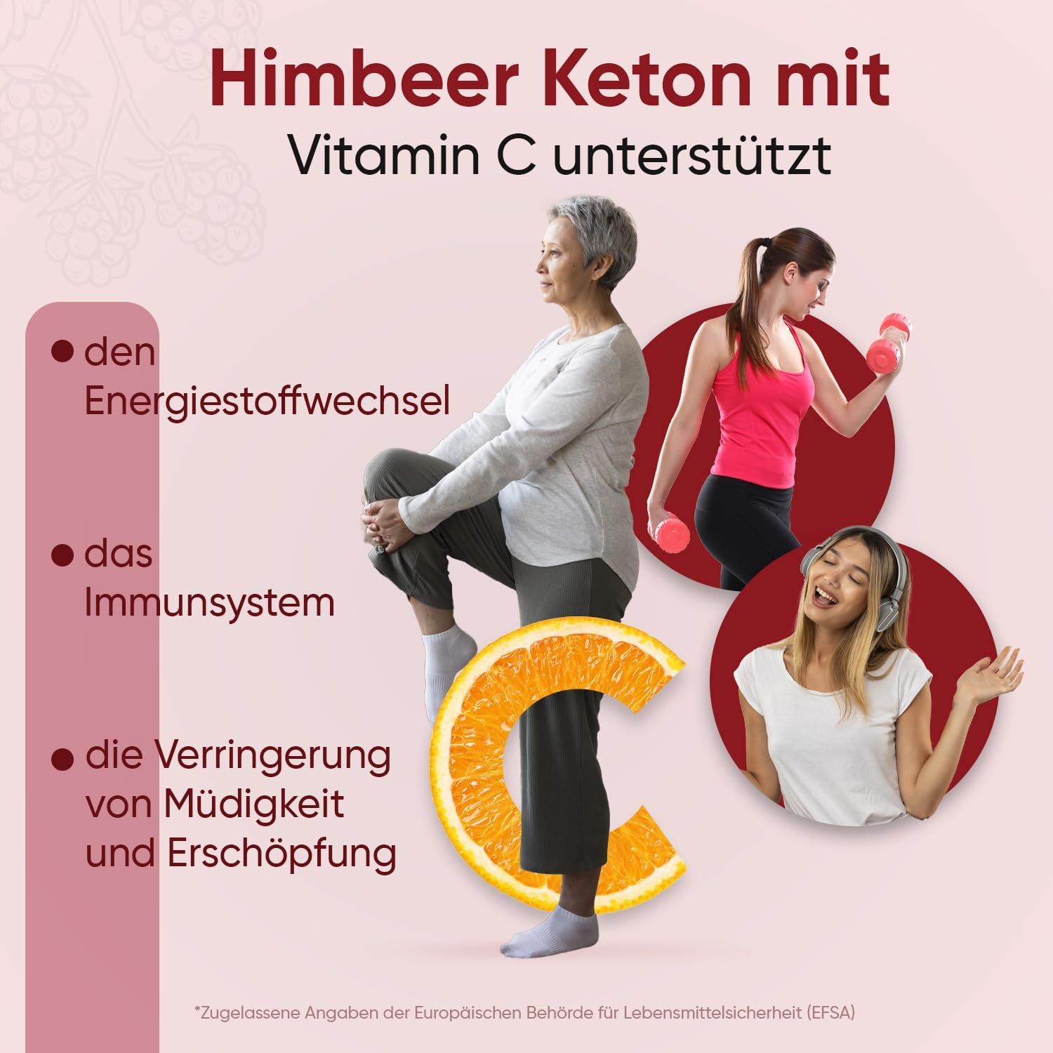 Cétone de framboise avec Vitamine C soutient le métabolisme énergétique, le système immunitaire et la réduction de la fatigue.