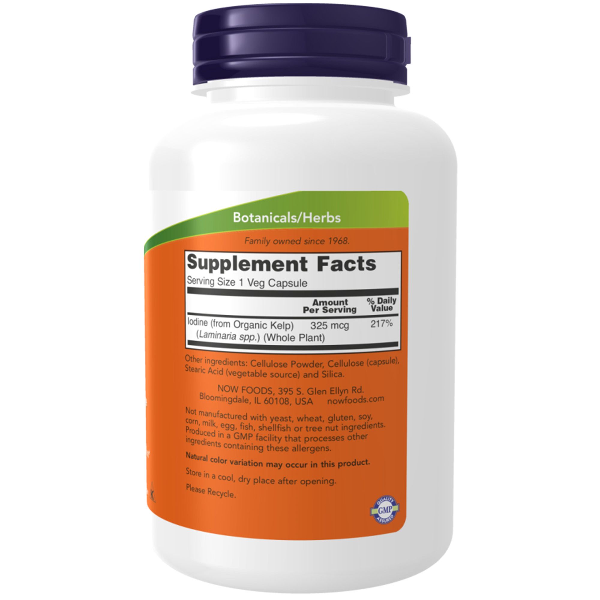 Dos du flacon. Étiquette avec informations nutritionnelles. Contient de l'iode issue du varech. Liste des ingrédients et informations allergènes. Logo "NOW".