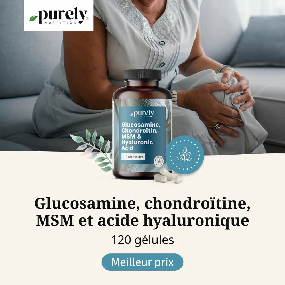 Femme âgée assise. Flacon avec : Glucosamine, Chondroïtine, MSM & Acide hyaluronique. 120 gélules. Texte : Meilleur prix.