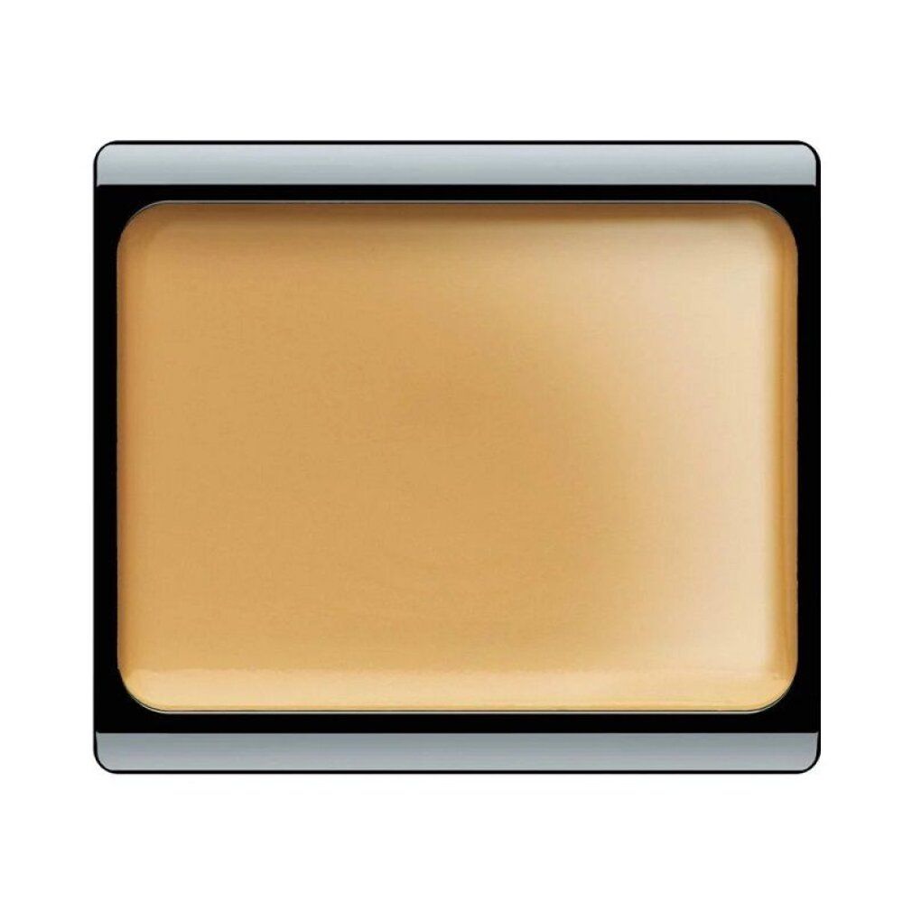 Poudre compacte couleur peau moyenne dans un boîtier rectangulaire noir et argenté.