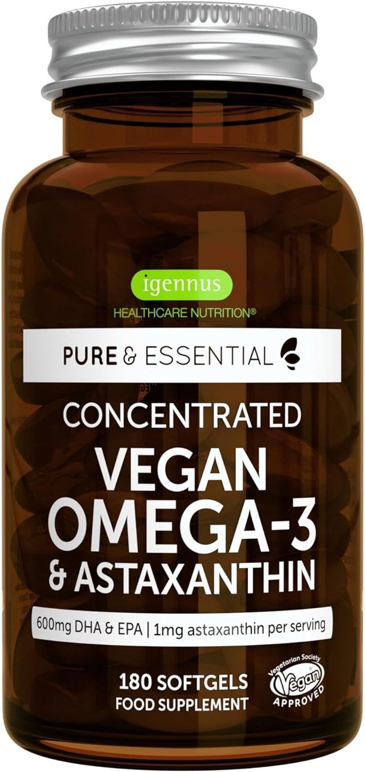 Bouteille Igennus Concentrated Vegan Omega-3 & Astaxanthine, 180 gélules, certifiée vegan.