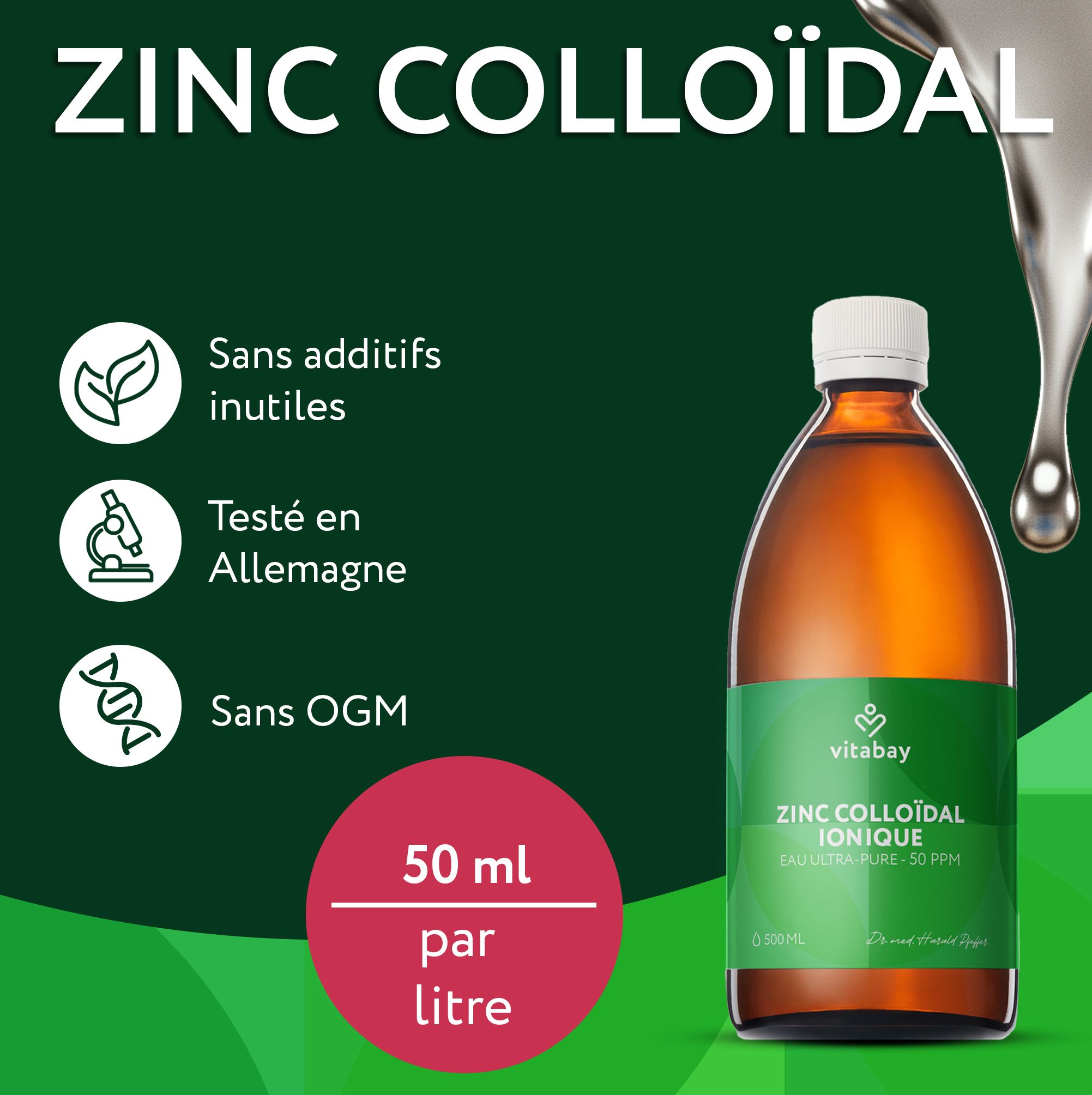Bouteille de Zinc Colloïdal avec icônes : feuille, microscope, ADN. Texte : "50 ml par litre".