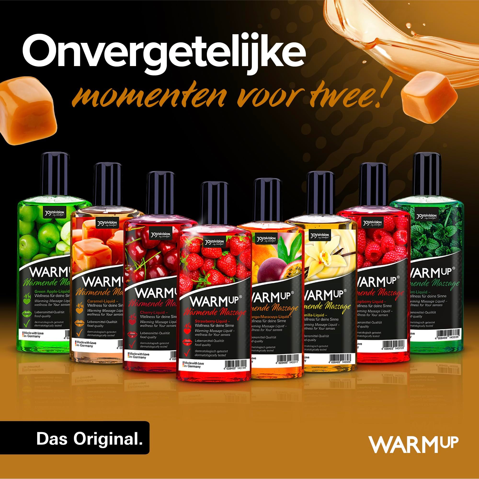 Fles karamel massageolie, met afbeelding van karamelstukjes en tekst.