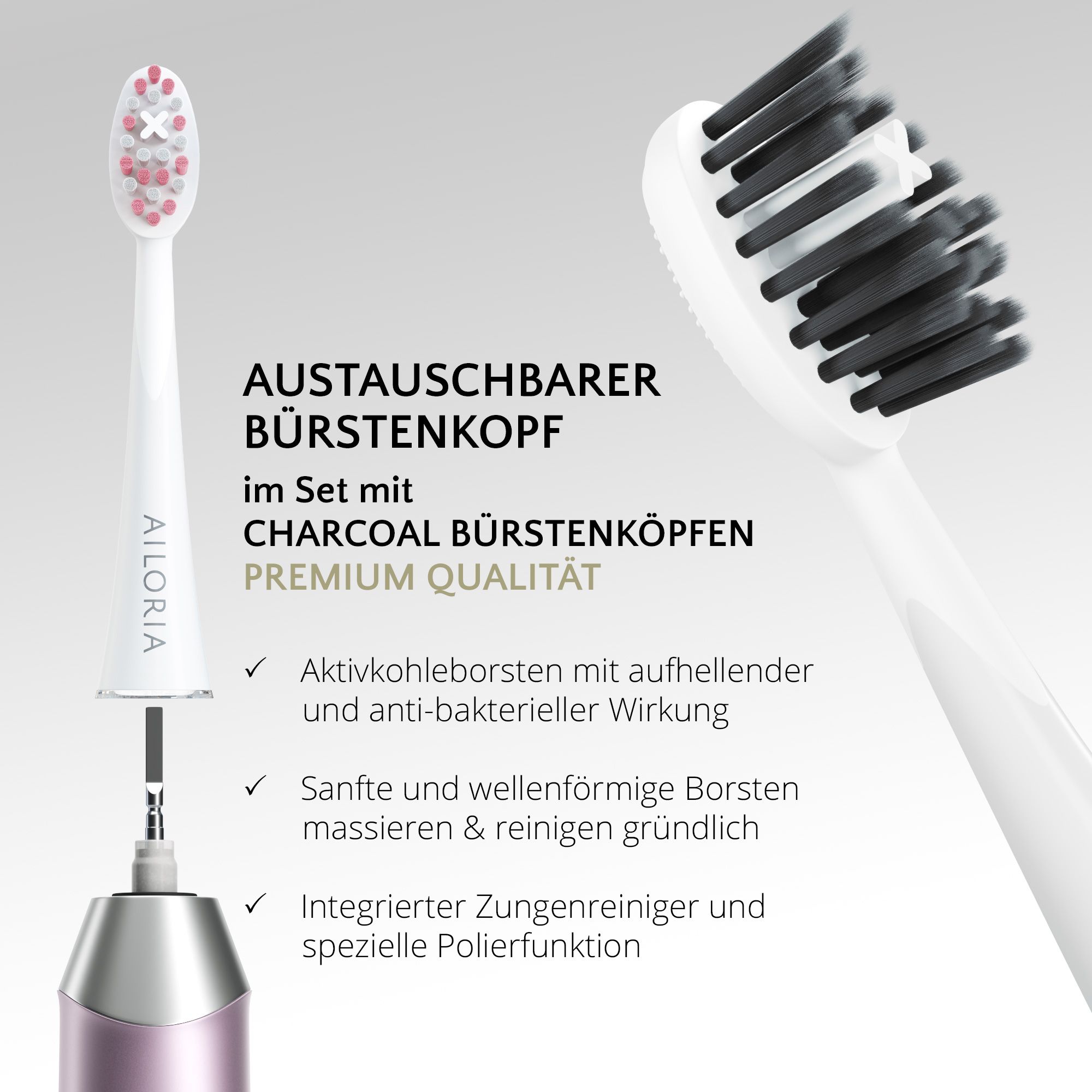 Tête de brosse remplaçable avec poils au charbon actif. Logo AILORIA. Qualité supérieure. Nettoie-langue et polissage.