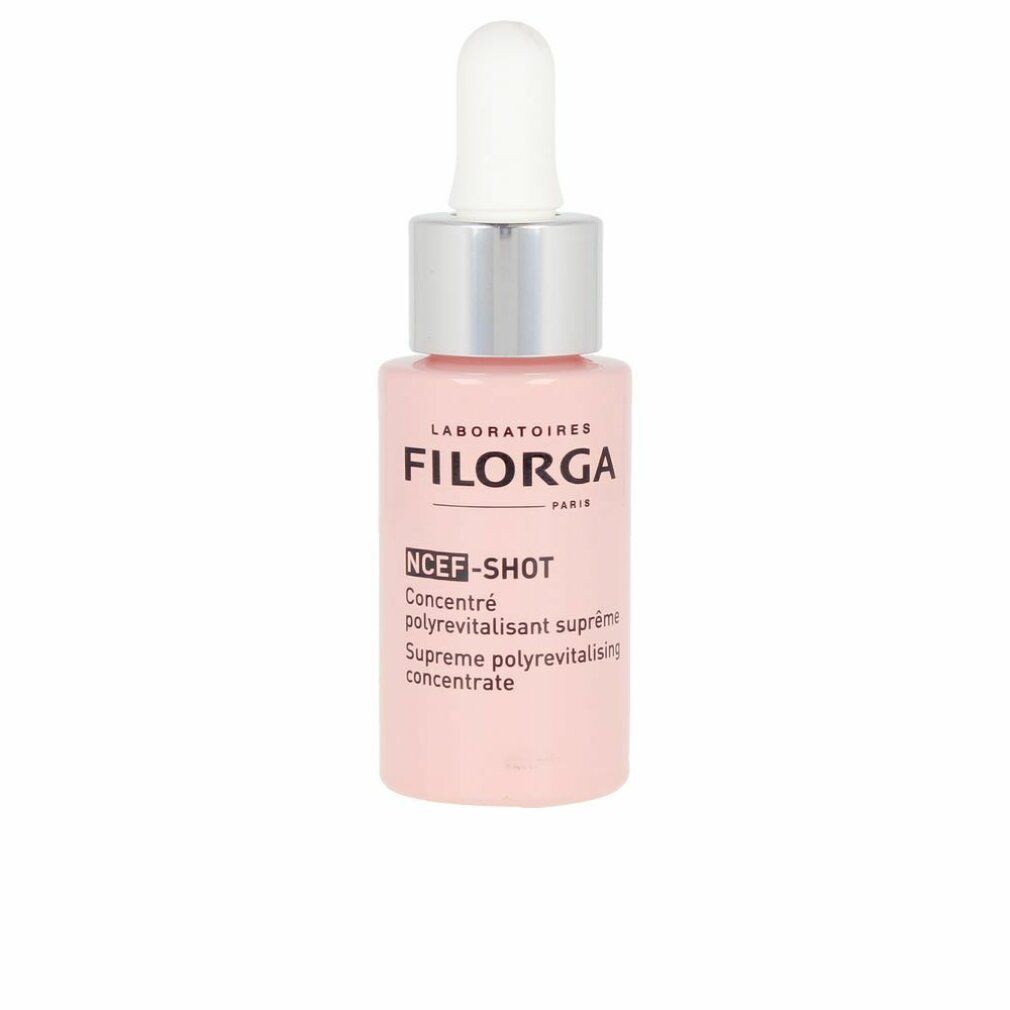 Flacon rose avec compte-gouttes blanc. Inscription: FILORGA PARIS, NCEF-SHOT, Concentré polyrevitalisant suprême.