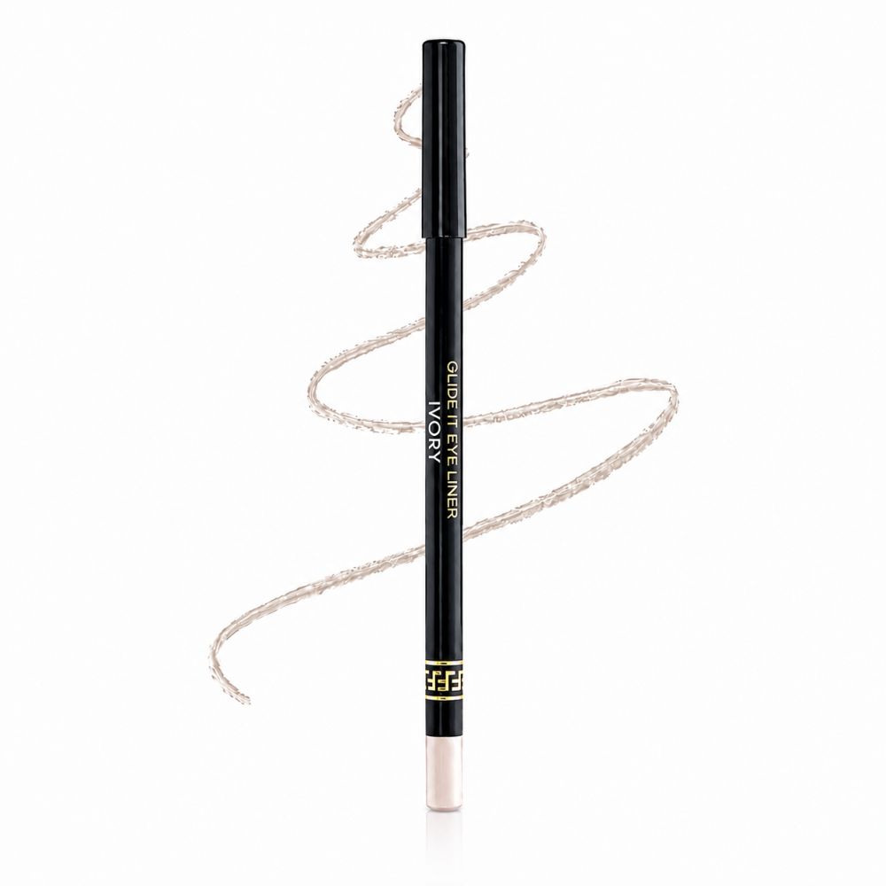 Crayon khôl noir avec inscription 'GLIDE IT EYE LINER IVORY'. Ligne beige clair crémeuse à côté.