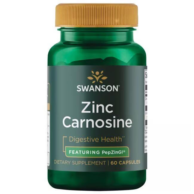 Groene fles met gele dop. Opschrift: SWANSON, Zink Carnosine, Digestive Health, PepZinGI, 60 capsules.