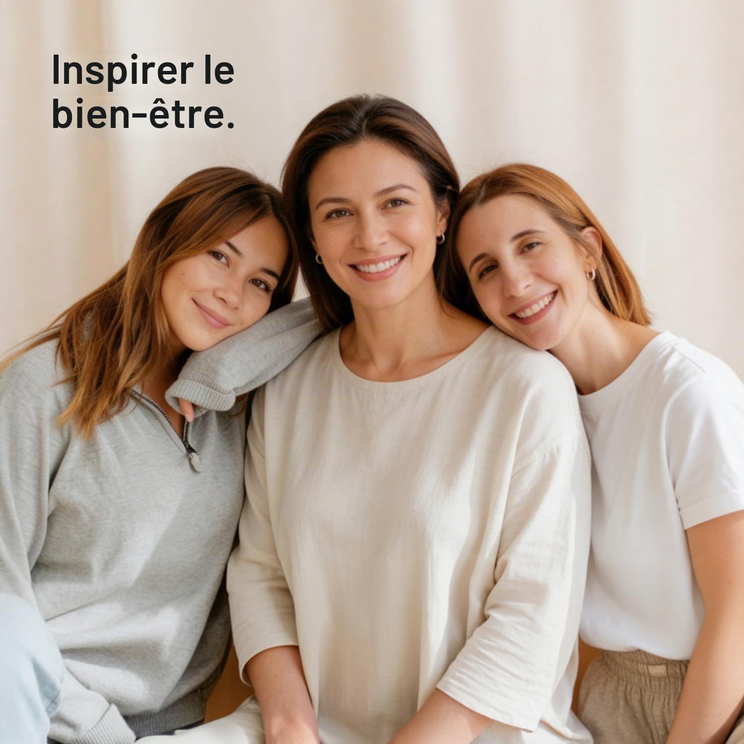 Trois femmes souriantes aux vêtements clairs, se penchant les unes vers les autres.