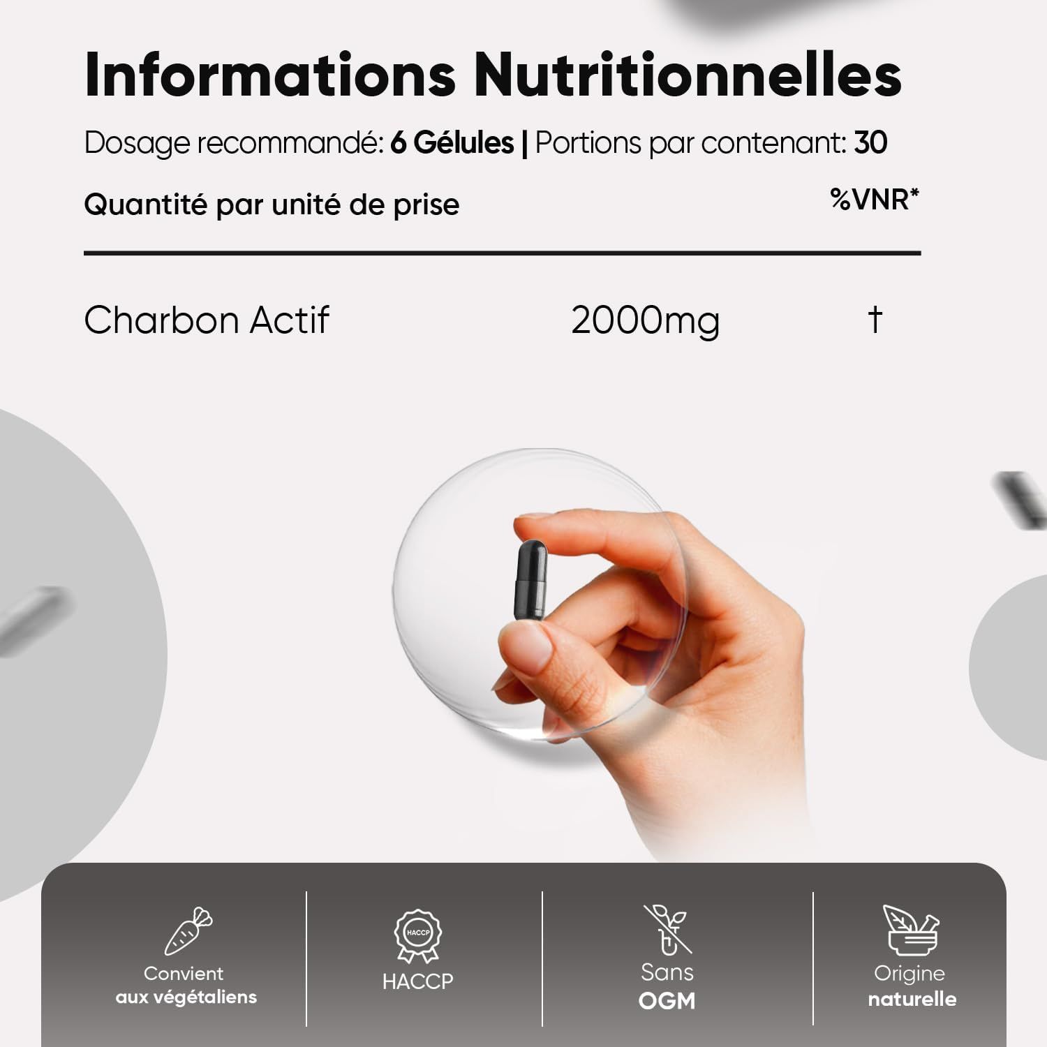 Bouteille de gélules de charbon actif avec informations sur les ingrédients et les avantages.
