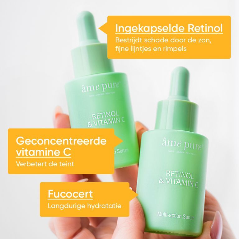 Twee flesjes âme pure Retinol & Vitamine C serum met informatievakken over ingrediënten.