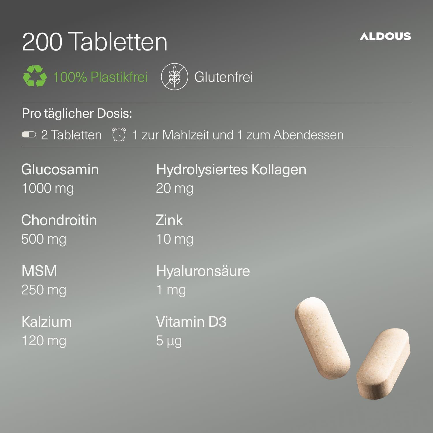 Aldous Glucosamin Chondroitin Comprimés : 200 pièces, sans plastique, sans gluten, recommandation de dosage.
