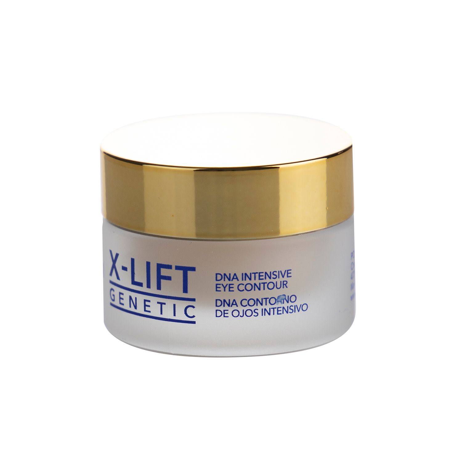 Pot de crème avec couvercle doré. Inscription : X-LIFT GENETIC, DNA Intensive Eye Contour.