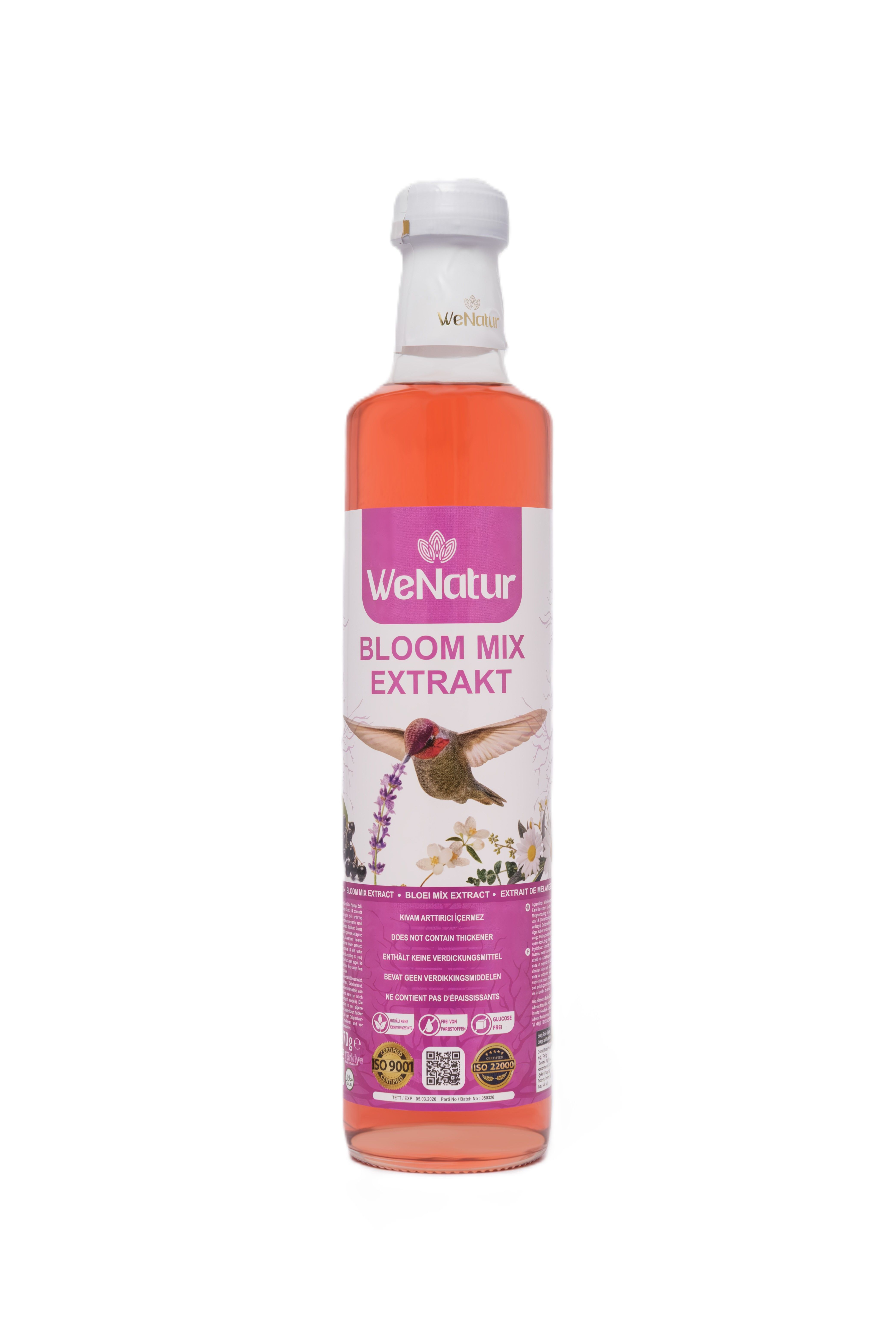 Fles WeNatur Blauwe Bes Extract met vogelafbeelding.