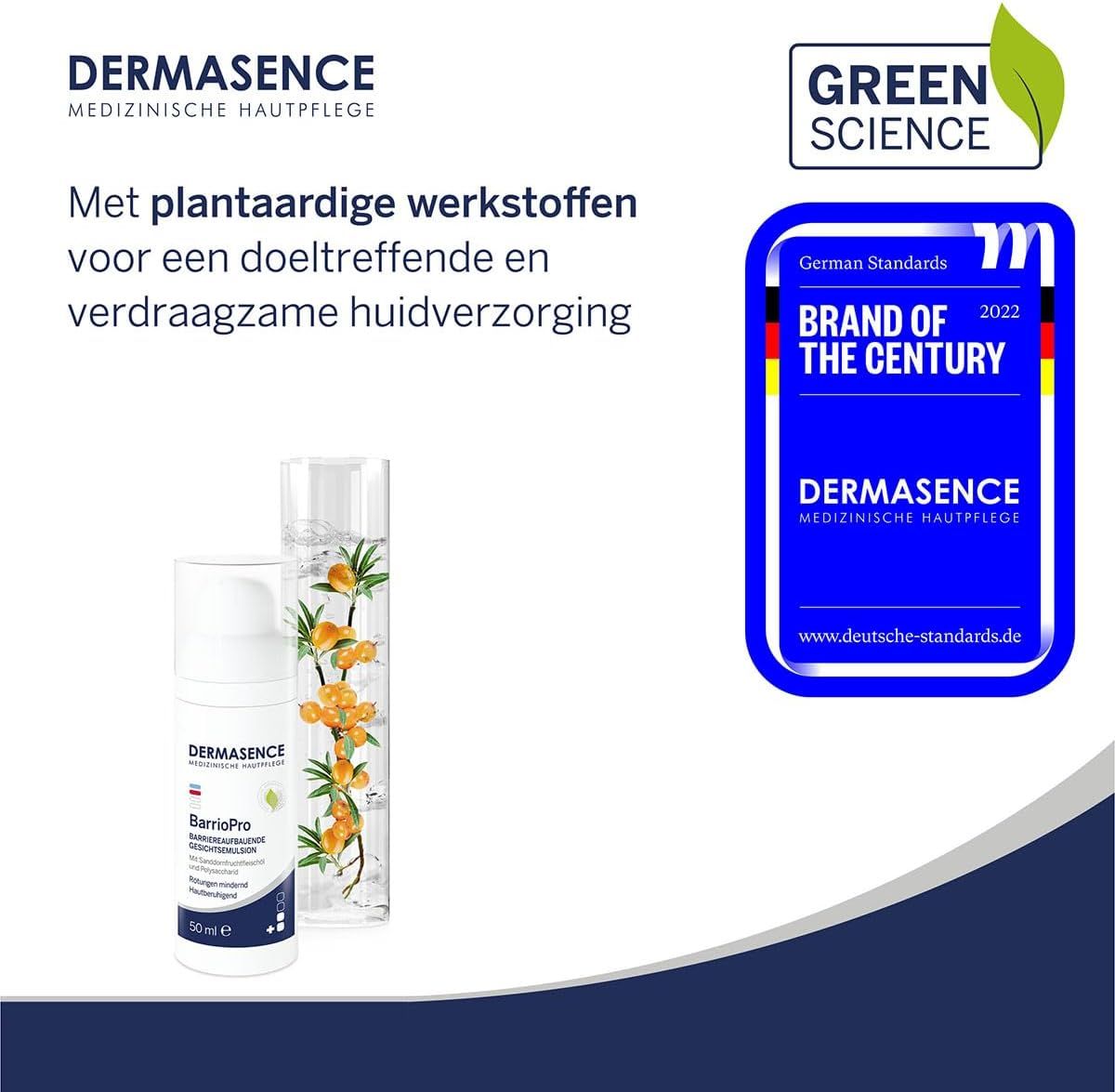 Dermasence BarrioPro fles van 50ml en een andere fles met duindoorn-takken.