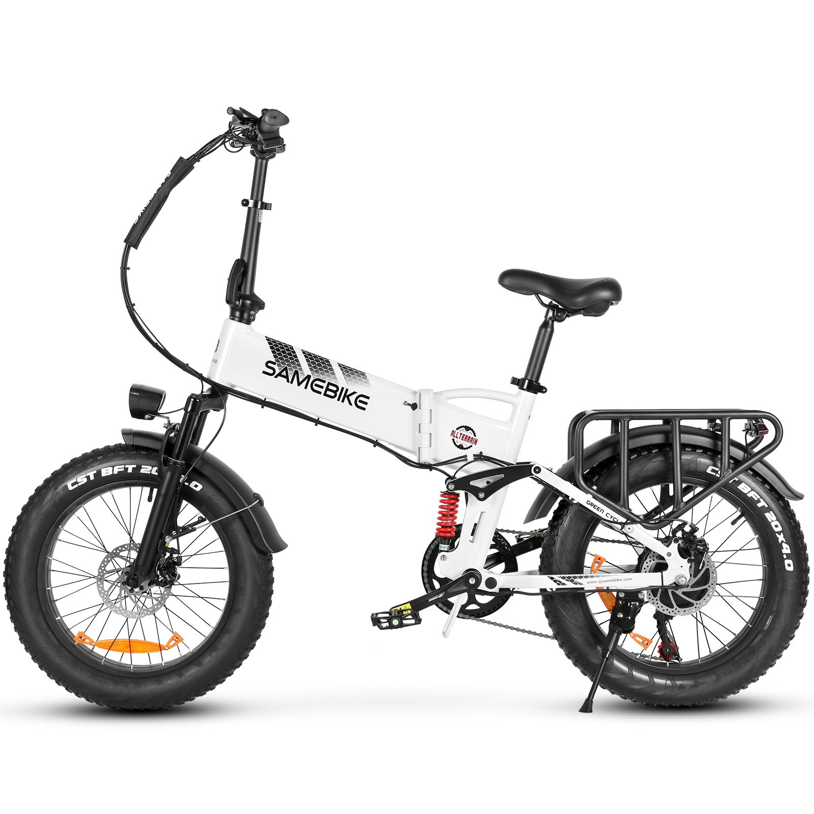 Vélo électrique pliable blanc avec détails noirs. Marque SAMEBIKE. Gros pneus, porte-bagages.