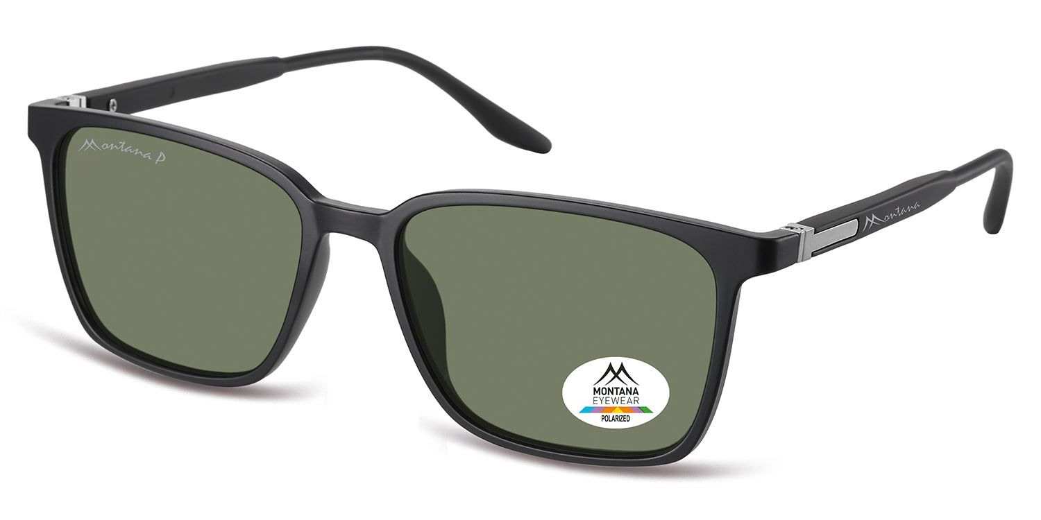 Lunettes de soleil noires à verres carrés. Logo Montana Eyewear sur la branche. Autocollant polarisé sur le verre droit.