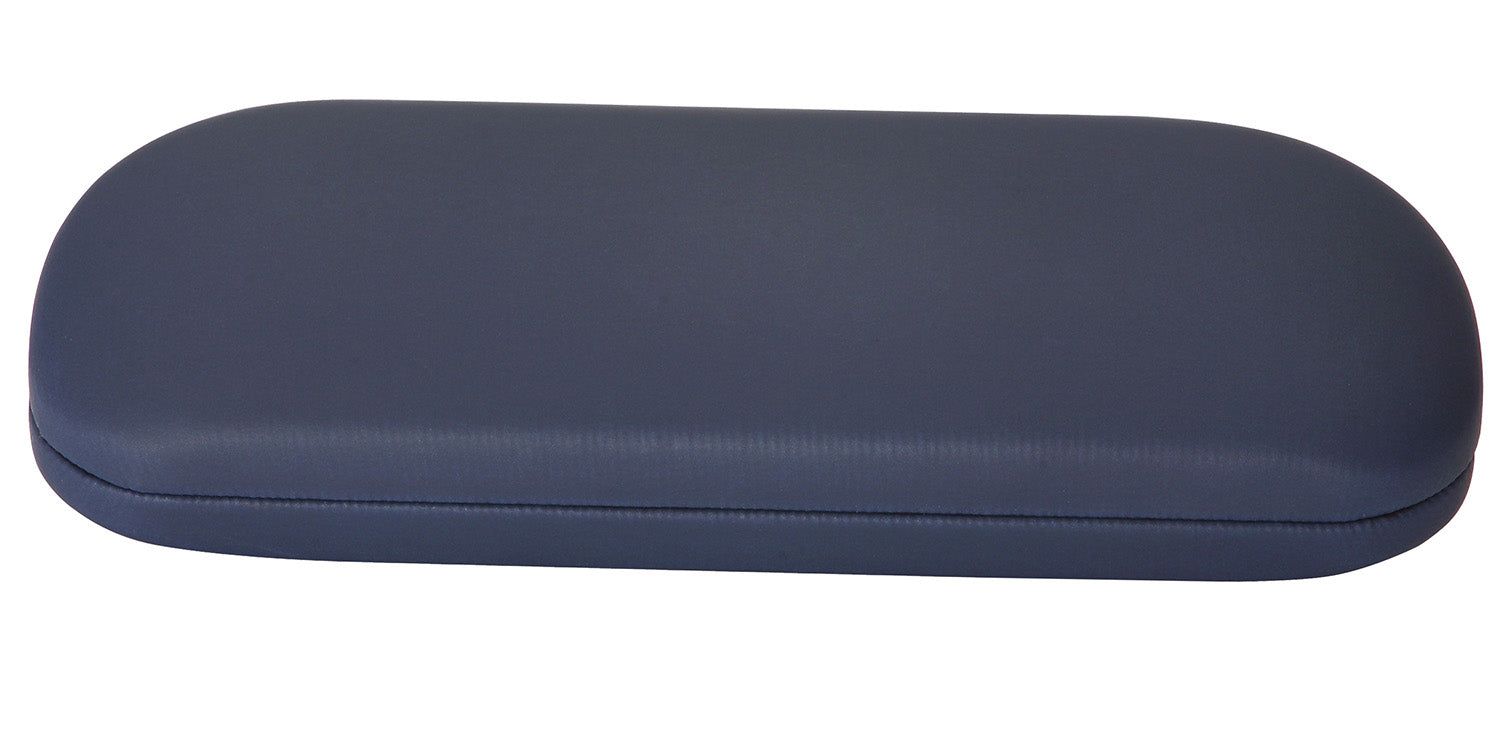 Étui rigide ovale bleu. Forme fermée, surface lisse. Pour lunettes.