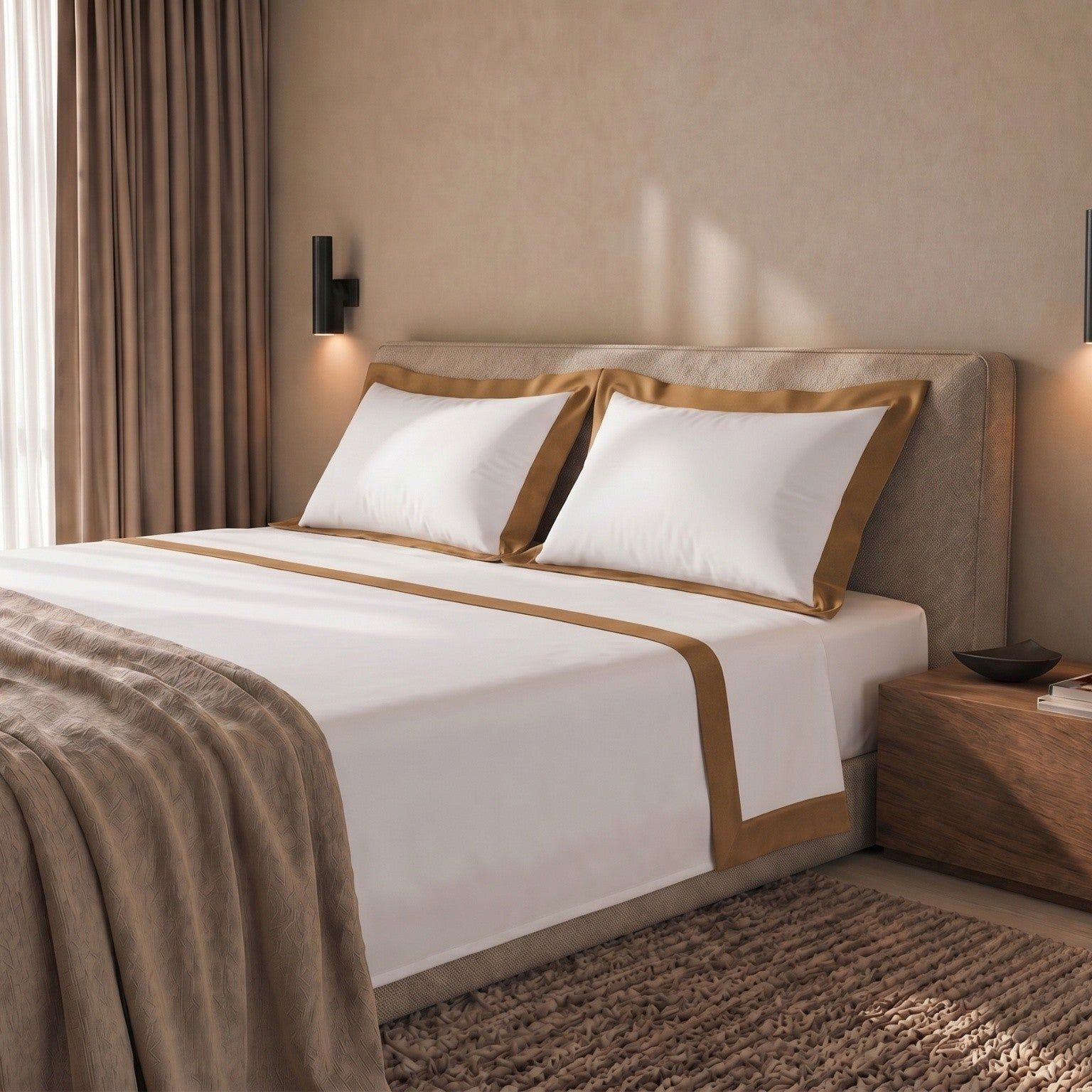 The White Stone Lakenset Eenpersoons 100% Katoen met Decoratieve Satijnen Rand Beige