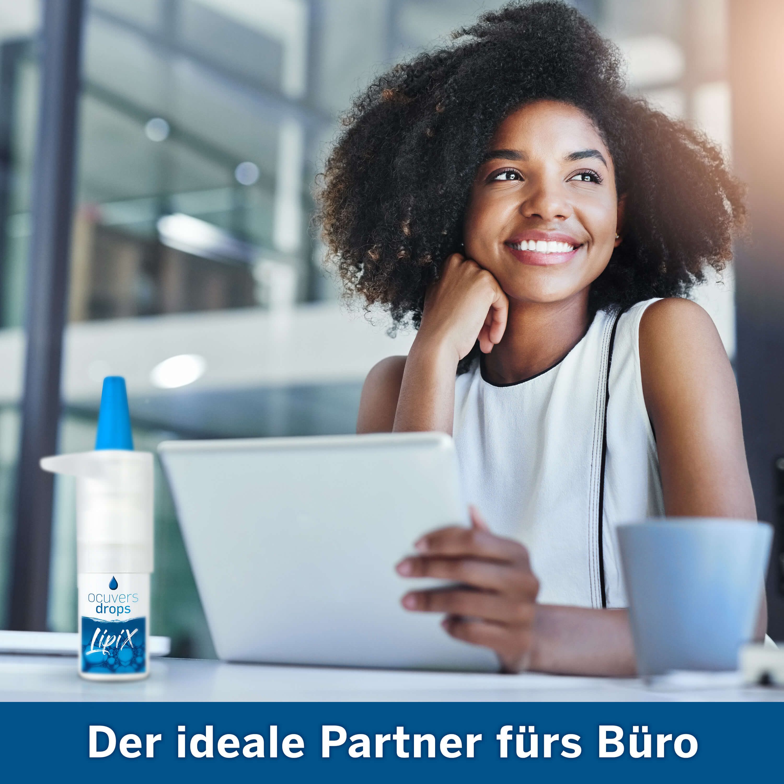 Femme au bureau avec tablette et flacon. Texte: Le partenaire idéal pour le bureau. Nom du produit: ocuvers drops LipiX.